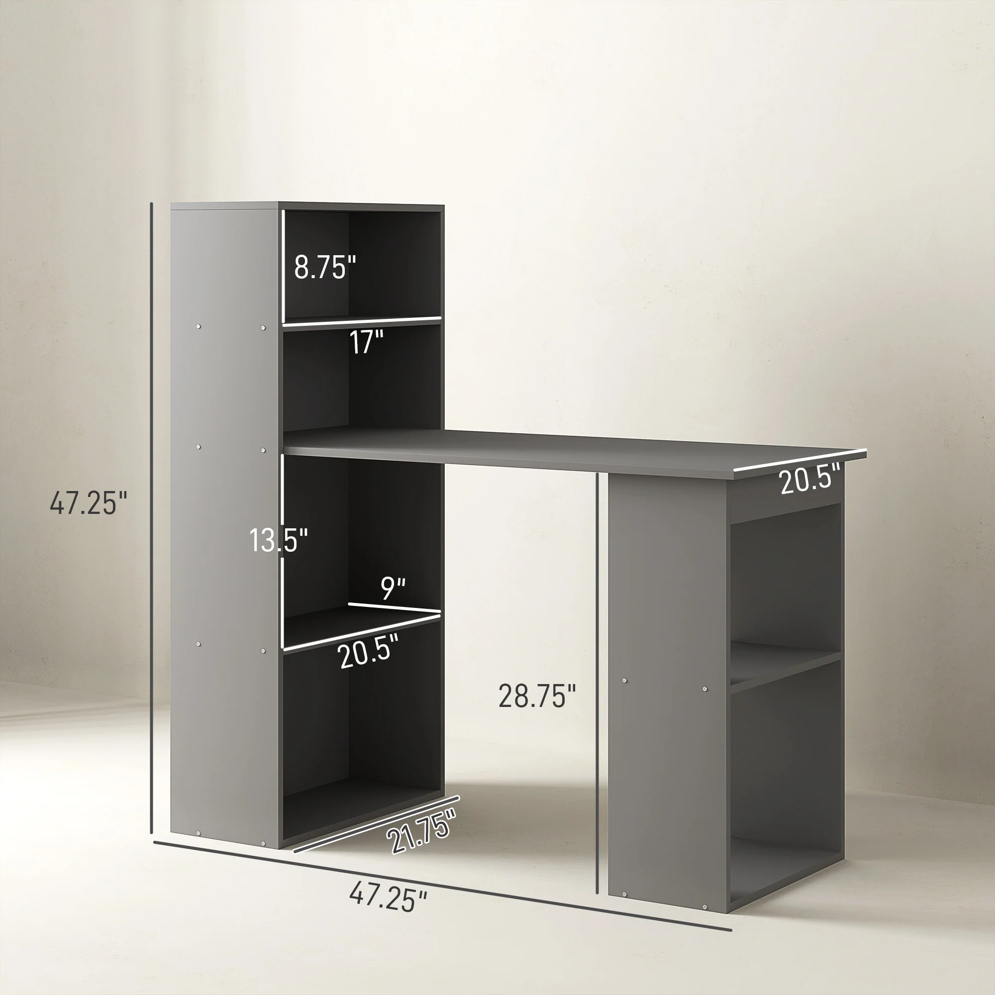 Modern Home Office Desk with 6-Tier Storage Shelves, 47" Writing Desk with Bookshelf, Gray - Image 5