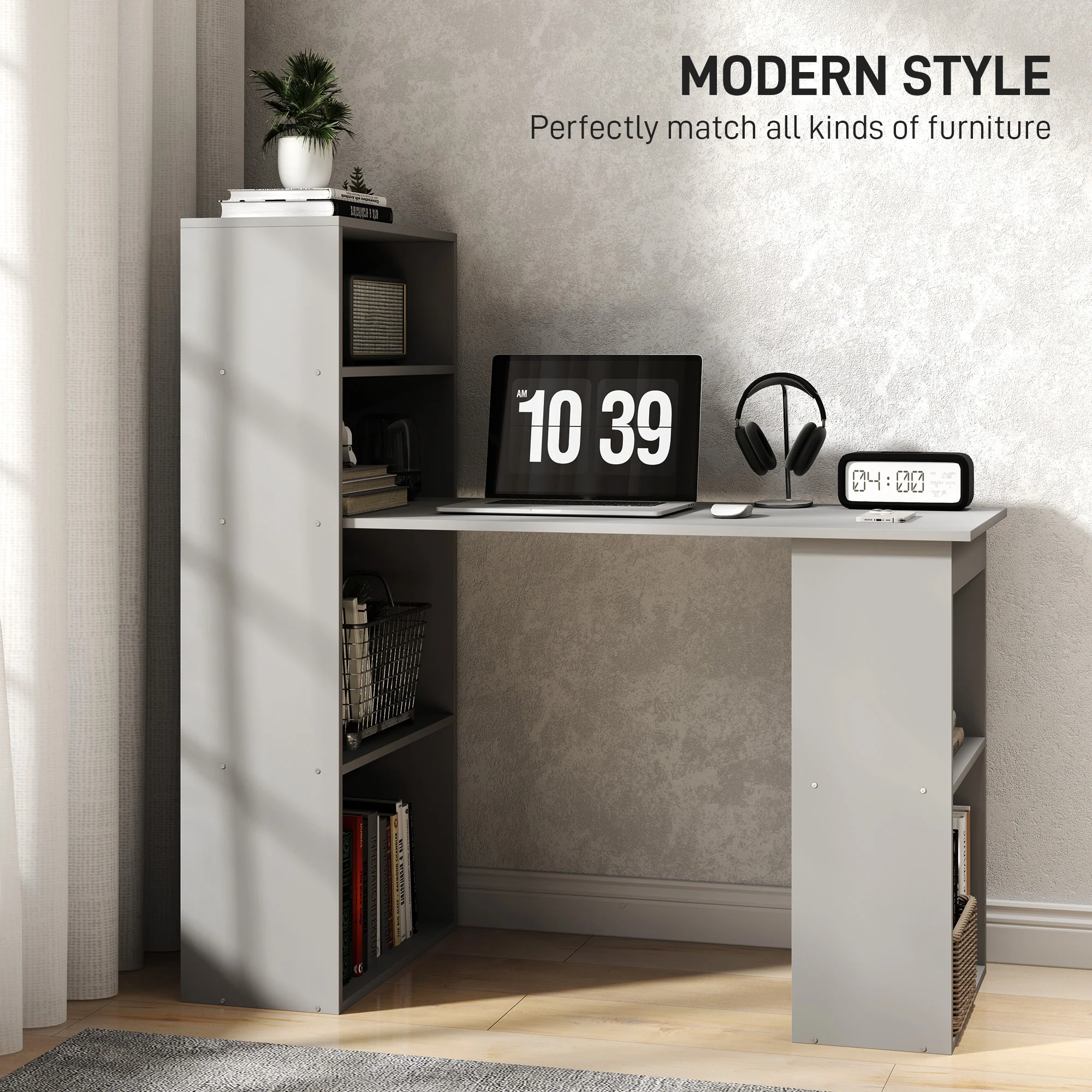 Modern Home Office Desk with 6-Tier Storage Shelves, 47" Writing Desk with Bookshelf, Gray - Image 6