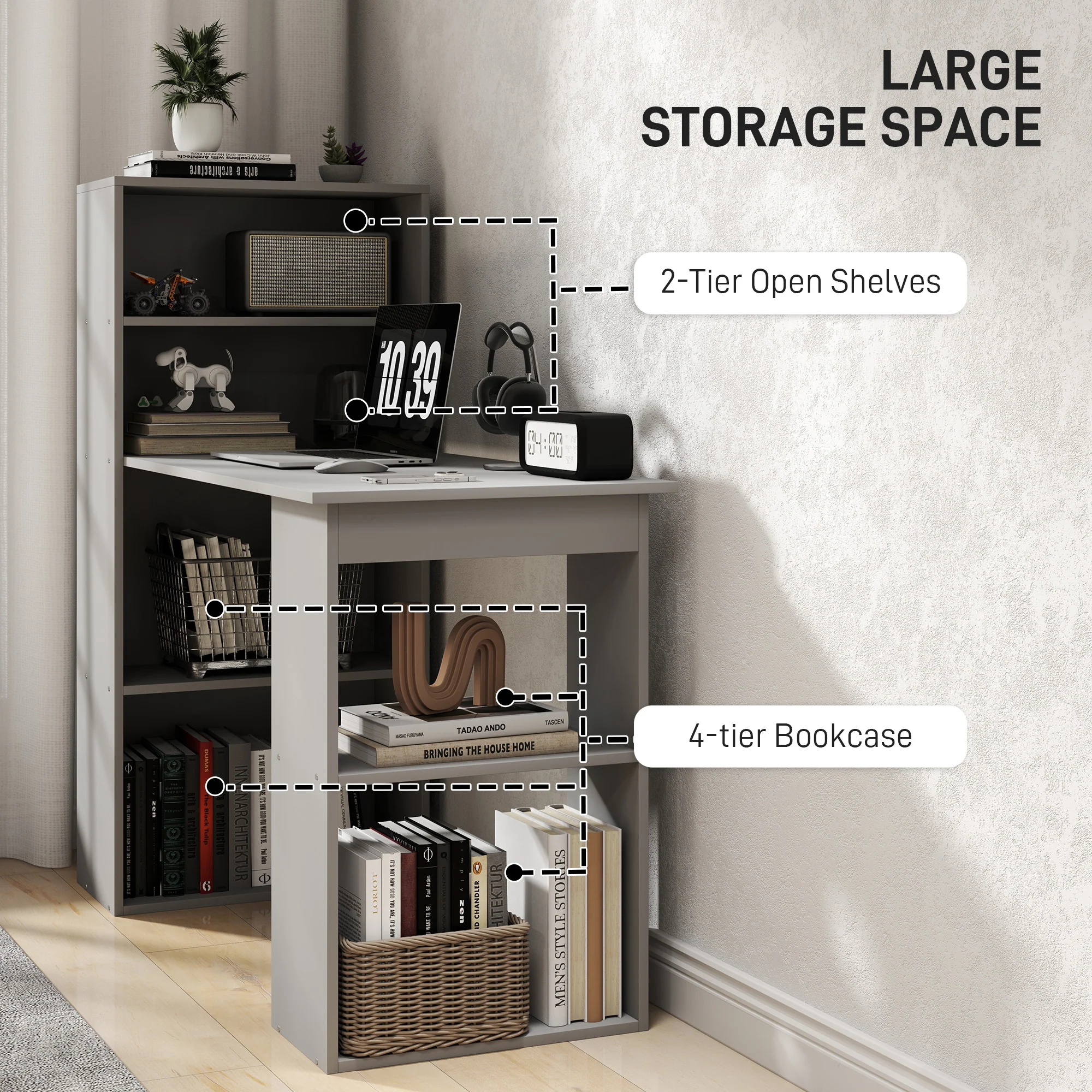 Modern Home Office Desk with 6-Tier Storage Shelves, 47" Writing Desk with Bookshelf, Gray - Image 7