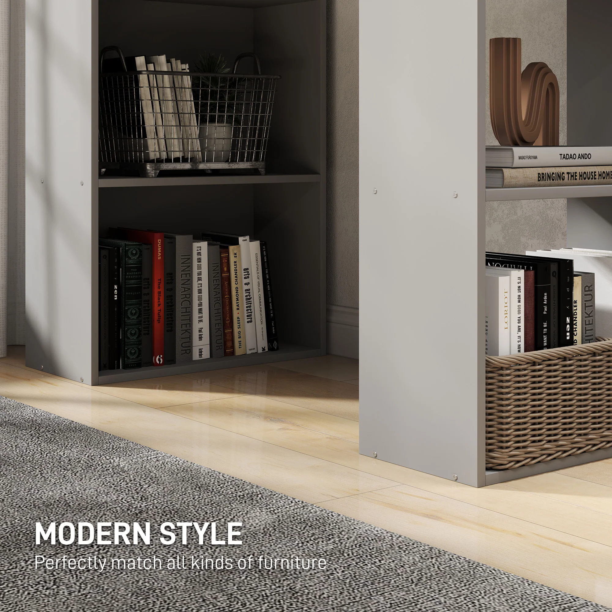 Modern Home Office Desk with 6-Tier Storage Shelves, 47" Writing Desk with Bookshelf, Gray - Image 8