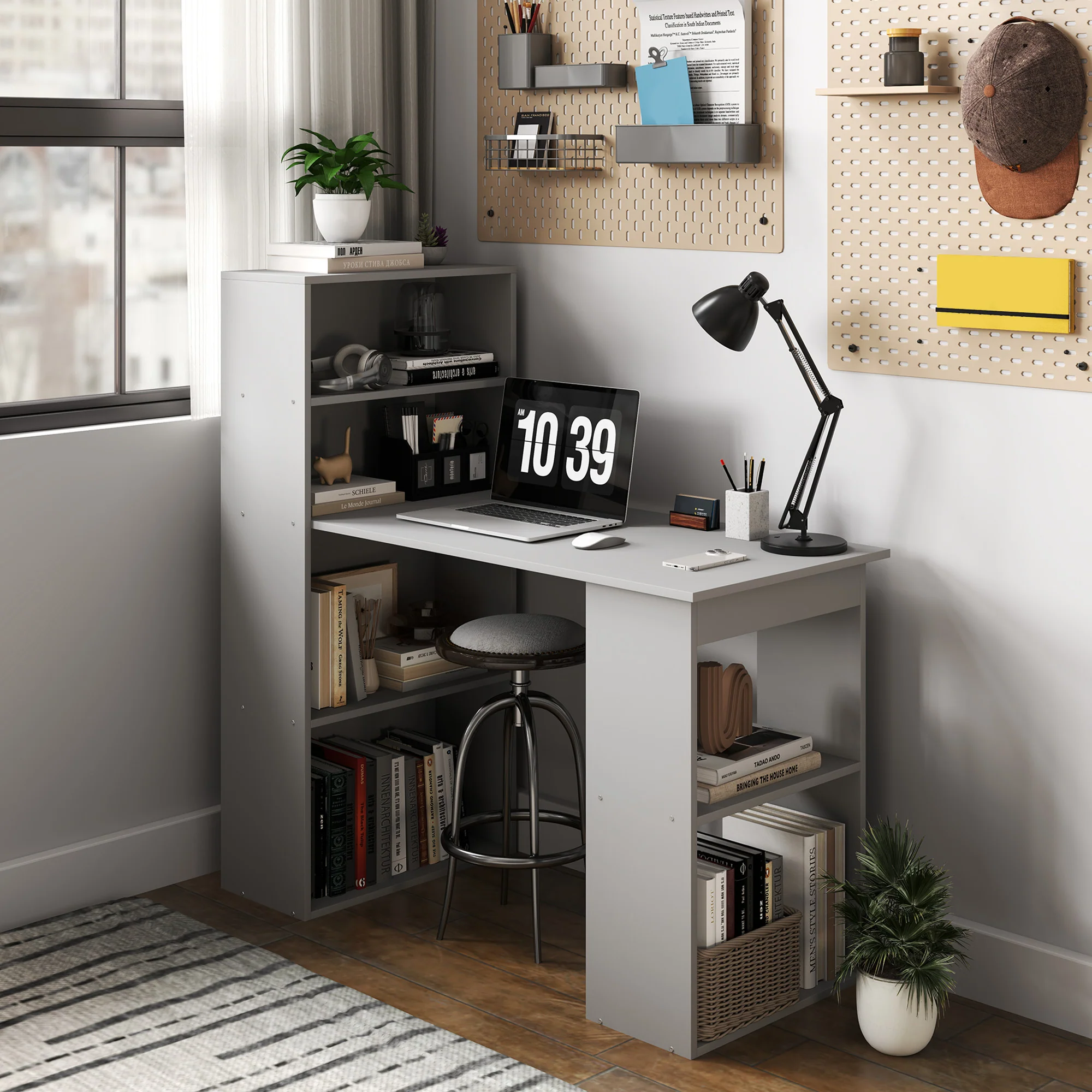 Modern Home Office Desk with 6-Tier Storage Shelves, 47" Writing Desk with Bookshelf, Gray - Image 9