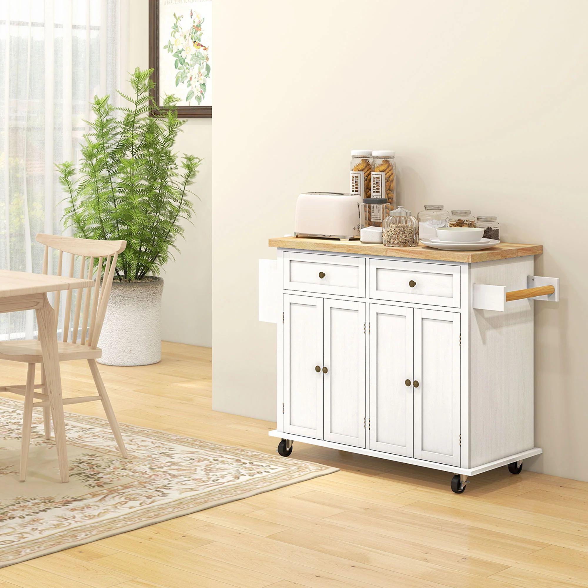GlideSpace 44"W Butcher Block Cart, Movable Kitchen Island with Cabinets, Distressed White - Image 3