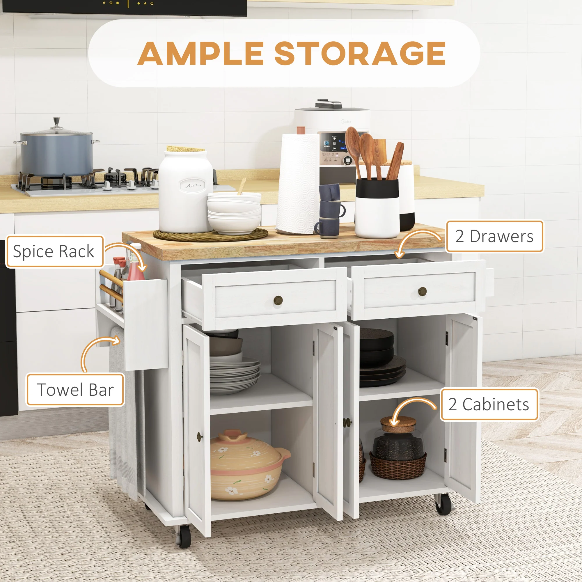 GlideSpace 44"W Butcher Block Cart, Movable Kitchen Island with Cabinets, Distressed White - Image 6