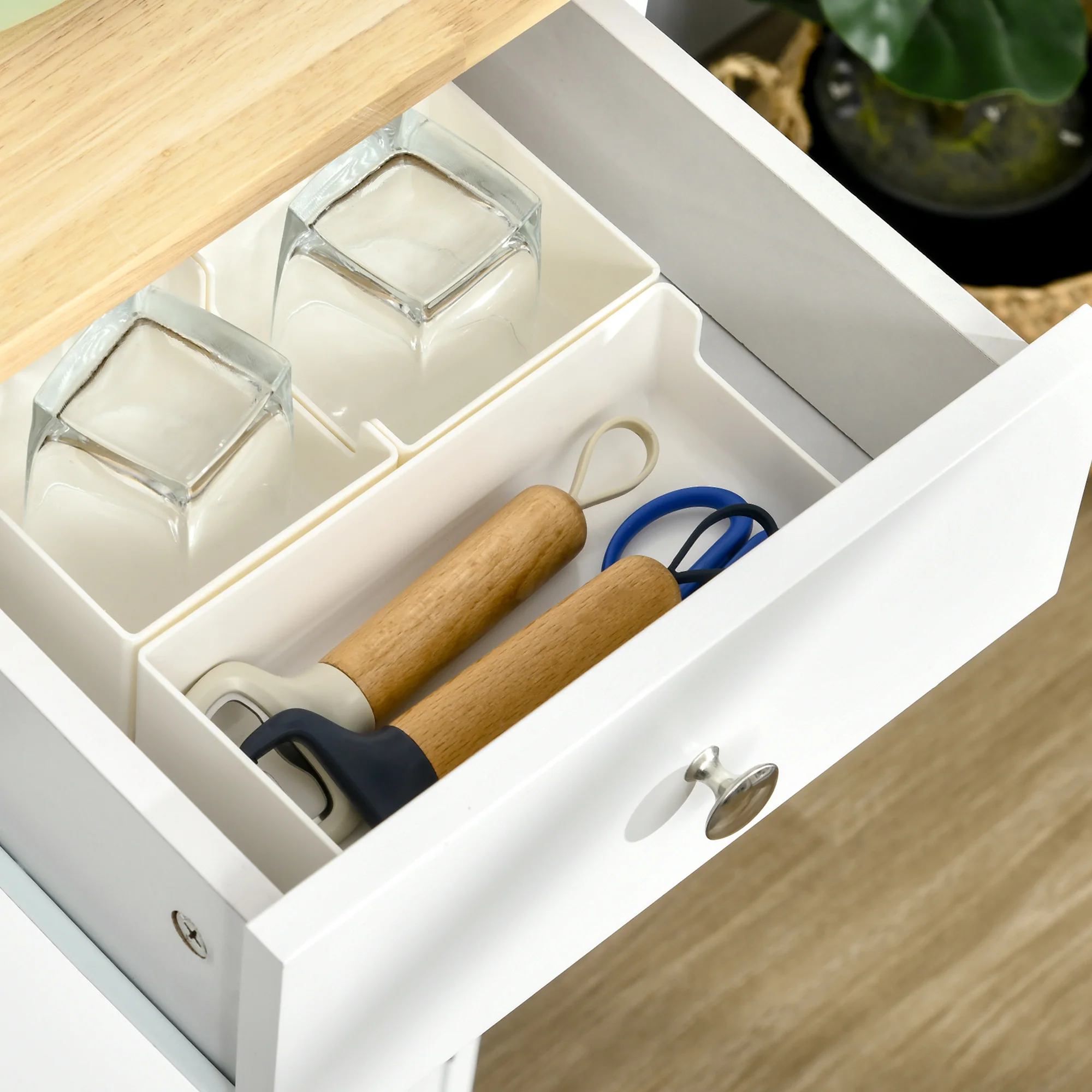 Modern Sideboard w/ Rubberwood Top, Storage Cabinets, Drawers & Adjustable Shelves, White - Image 11