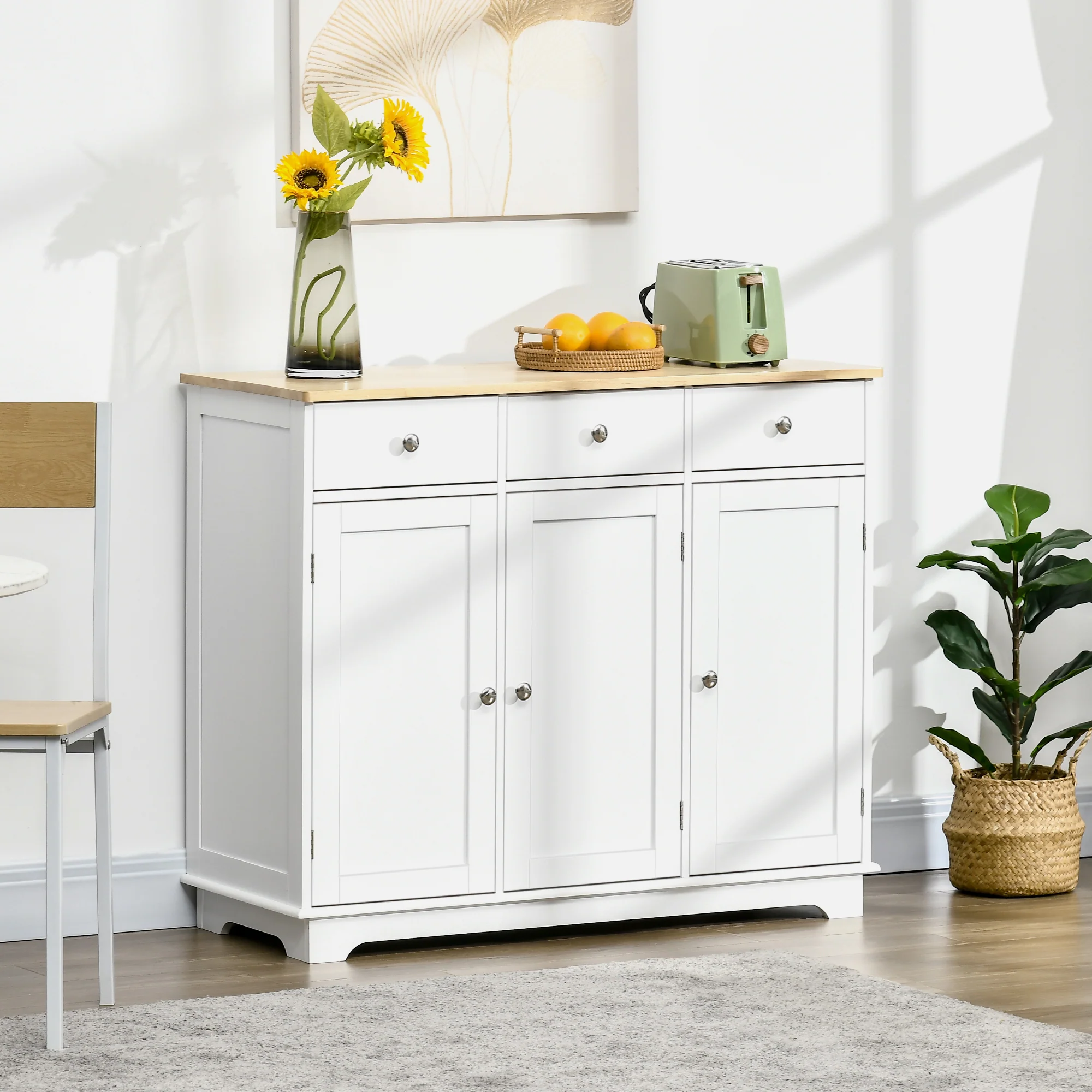 Modern Sideboard w/ Rubberwood Top, Storage Cabinets, Drawers & Adjustable Shelves, White - Image 3