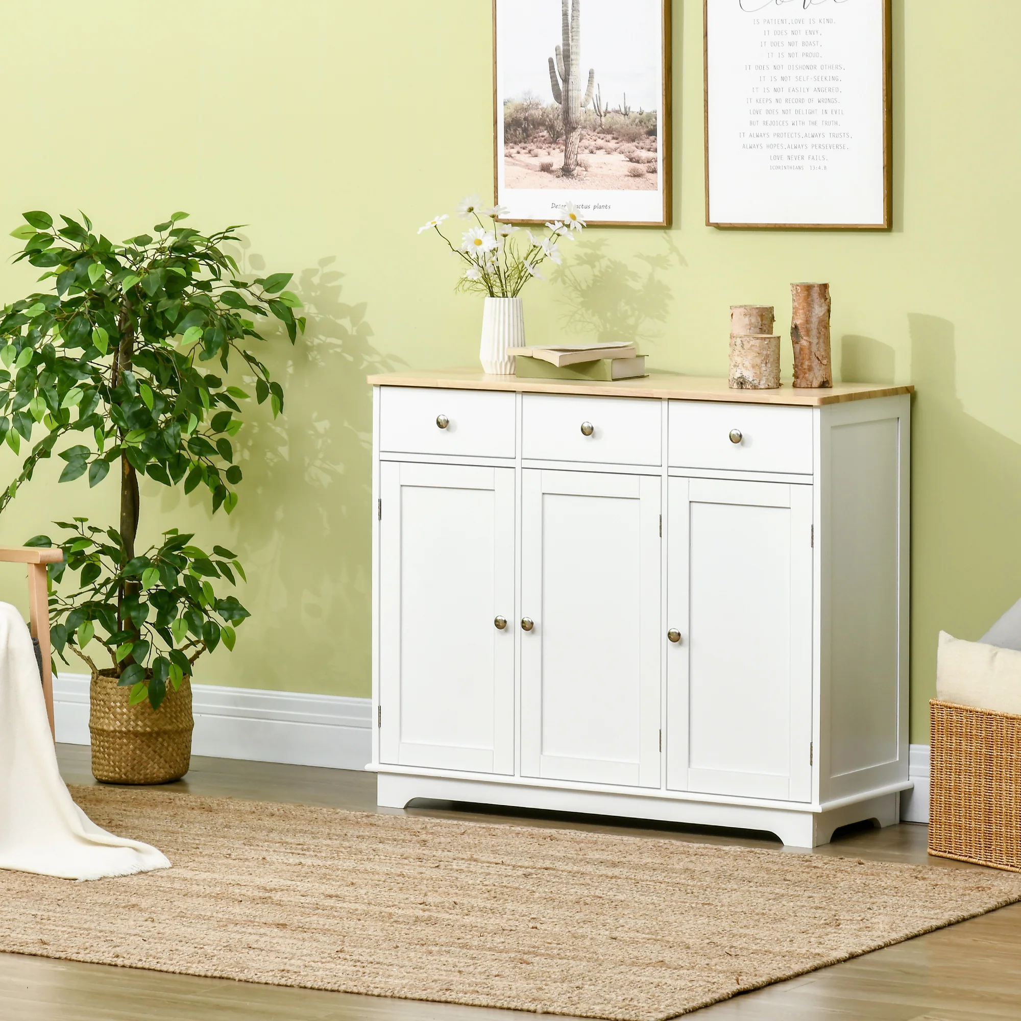 Modern Sideboard w/ Rubberwood Top, Storage Cabinets, Drawers & Adjustable Shelves, White - Image 4