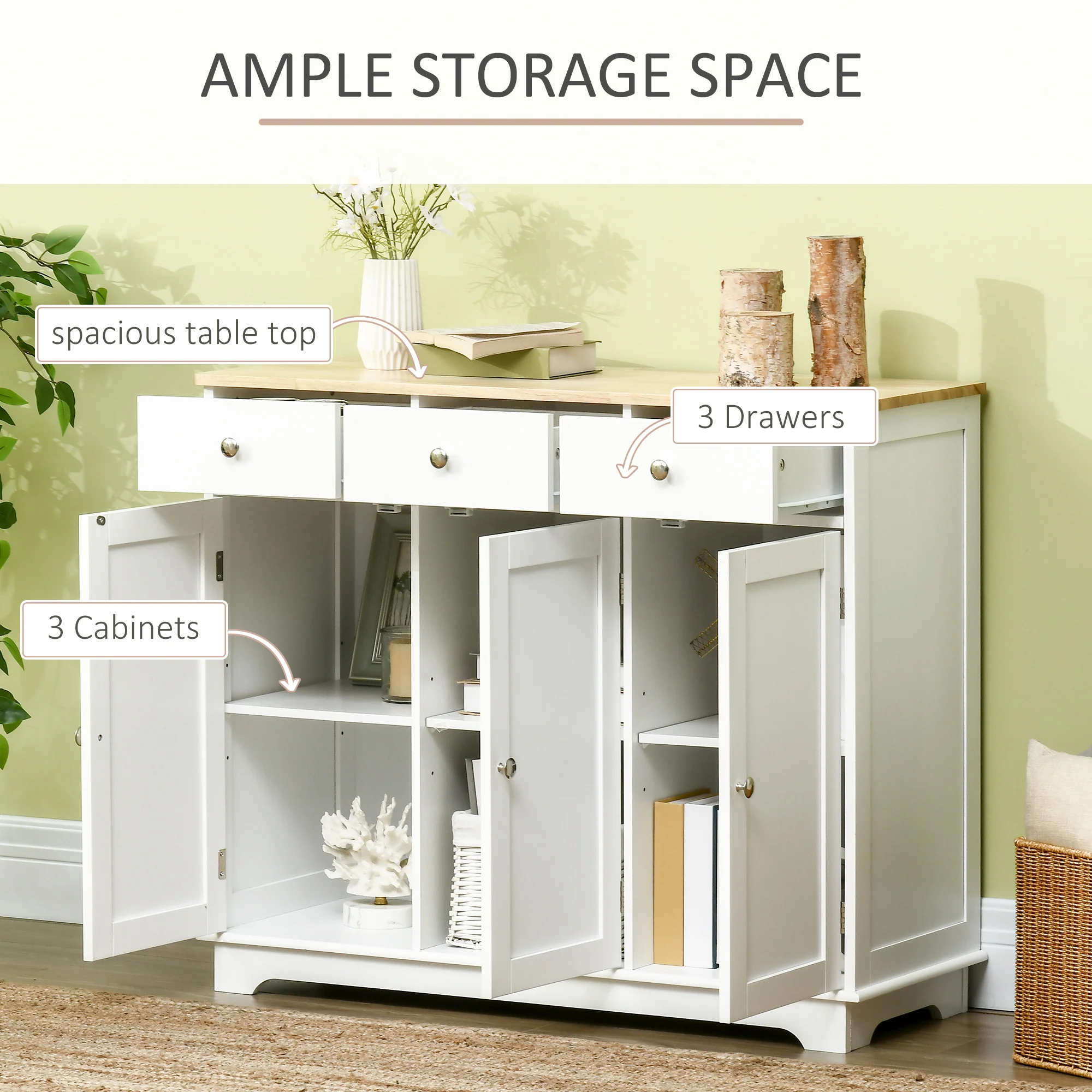 Modern Sideboard w/ Rubberwood Top, Storage Cabinets, Drawers & Adjustable Shelves, White - Image 6