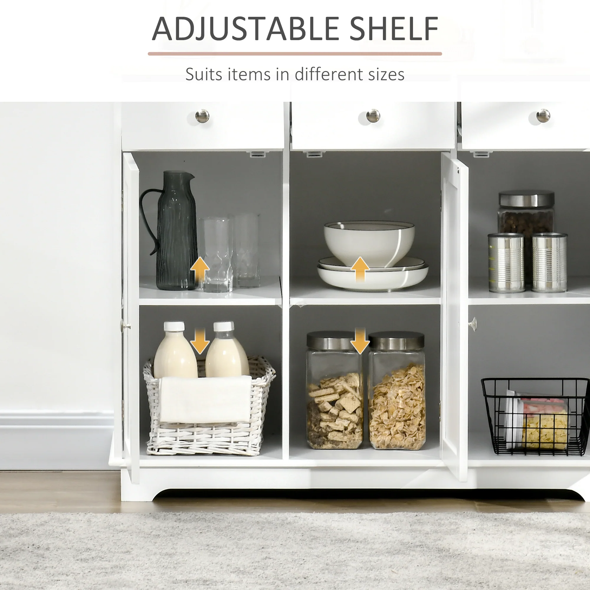 Modern Sideboard w/ Rubberwood Top, Storage Cabinets, Drawers & Adjustable Shelves, White - Image 7
