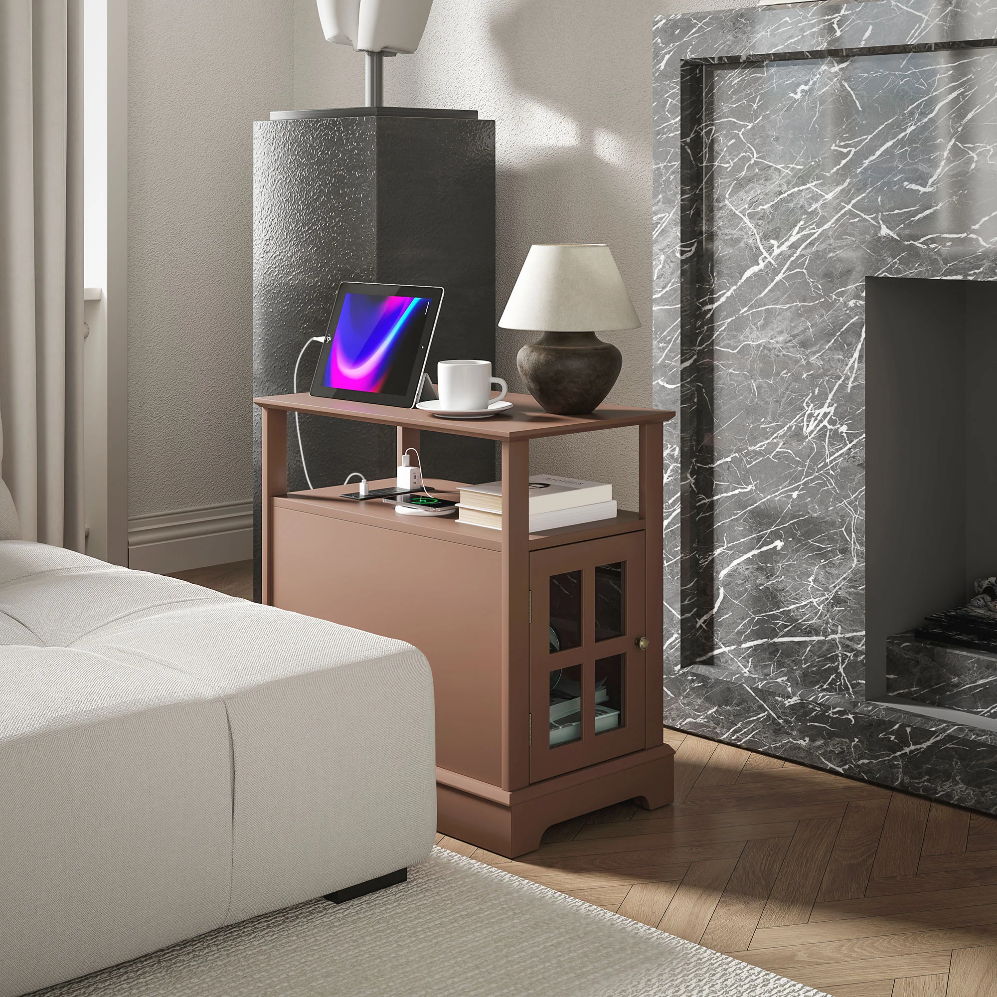 Narrow Side Table w/ Charging Station & USB Ports, End Table with Storage, Brown - Image 10