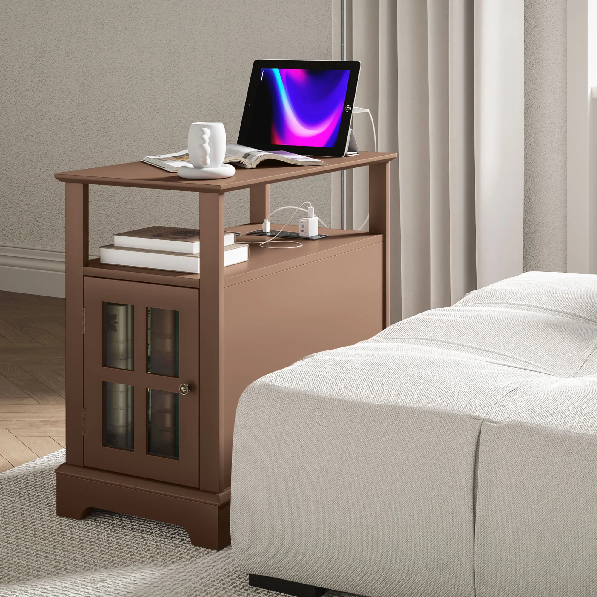 Narrow Side Table w/ Charging Station & USB Ports, End Table with Storage, Brown - Image 11