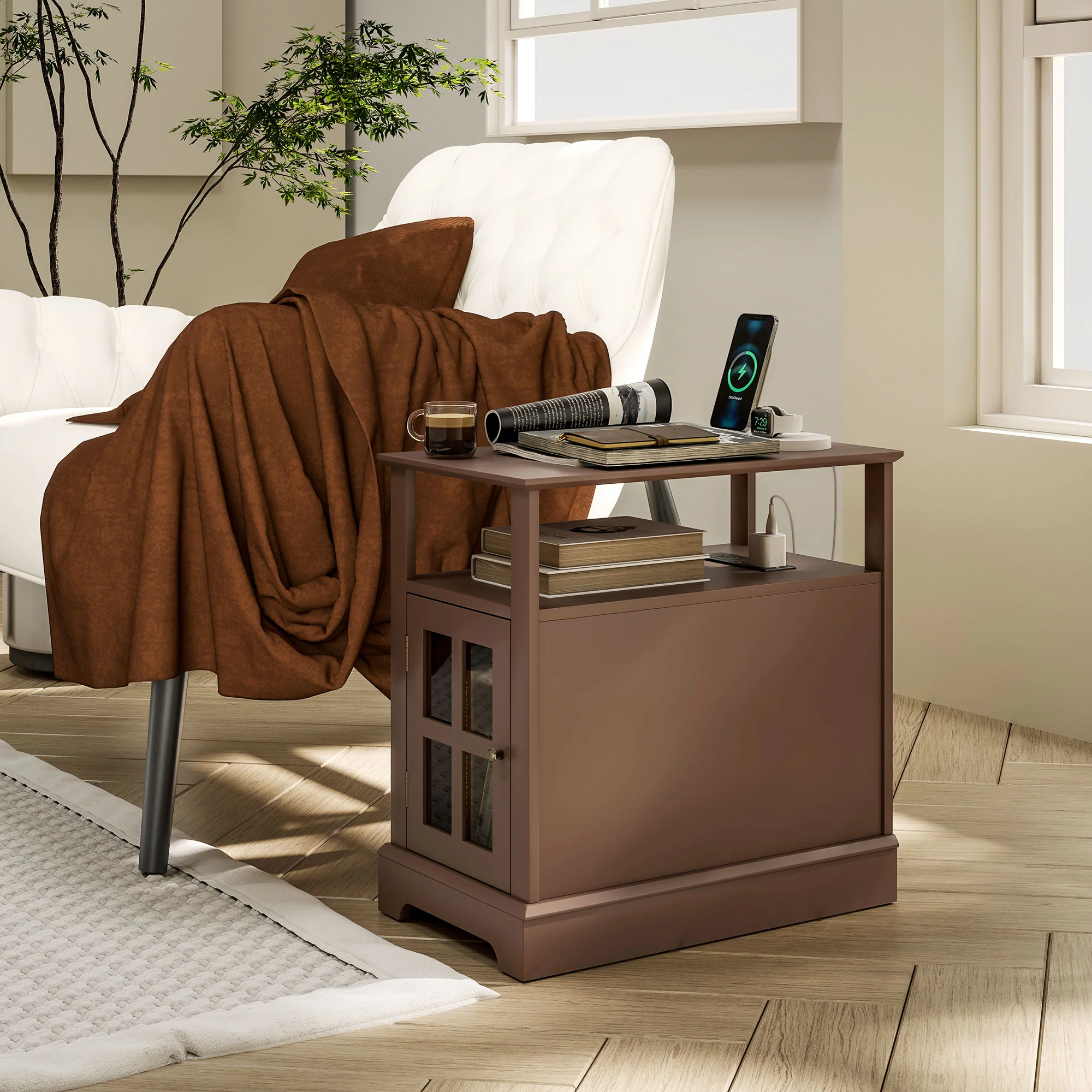 Narrow Side Table w/ Charging Station & USB Ports, End Table with Storage, Brown - Image 3