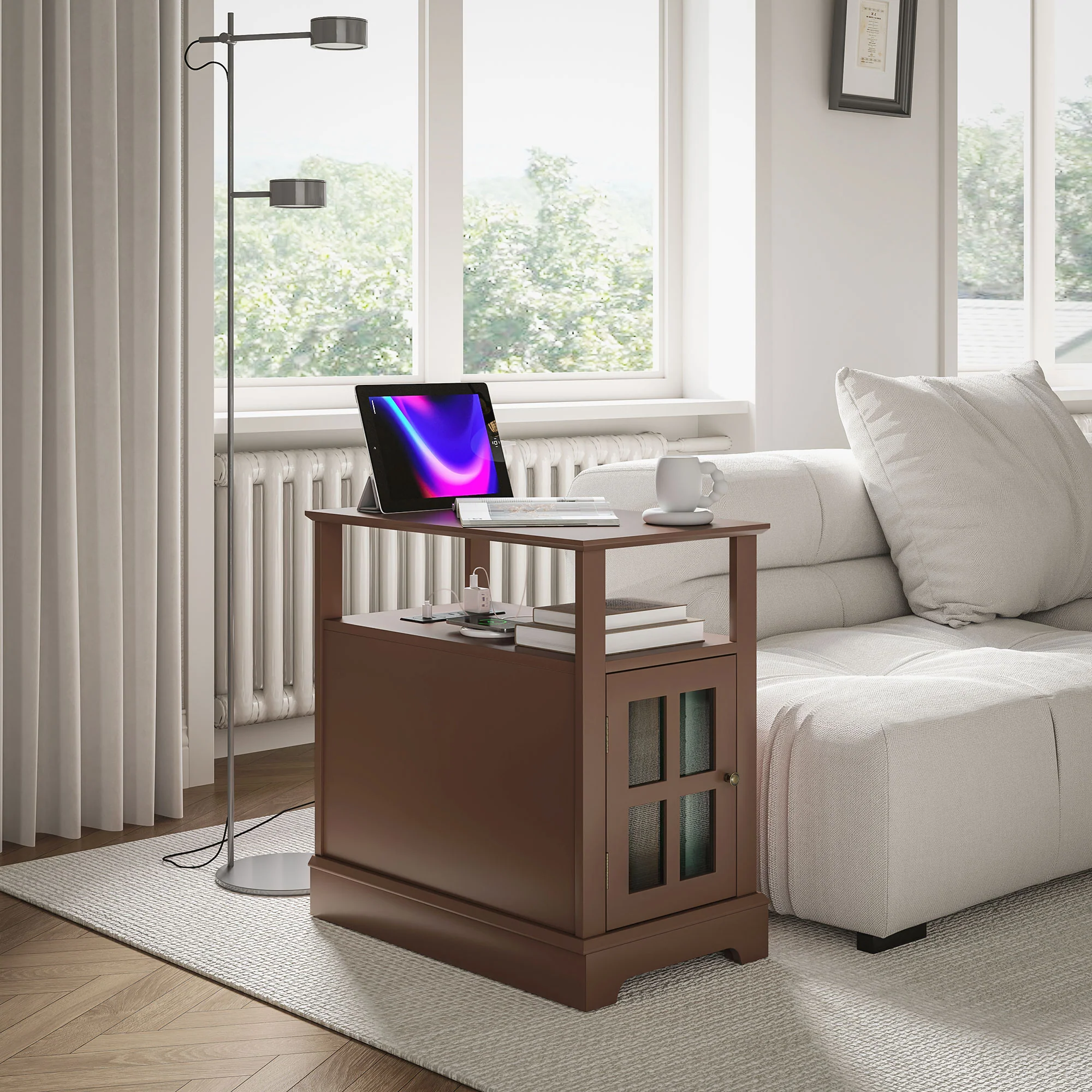 Narrow Side Table w/ Charging Station & USB Ports, End Table with Storage, Brown - Image 4