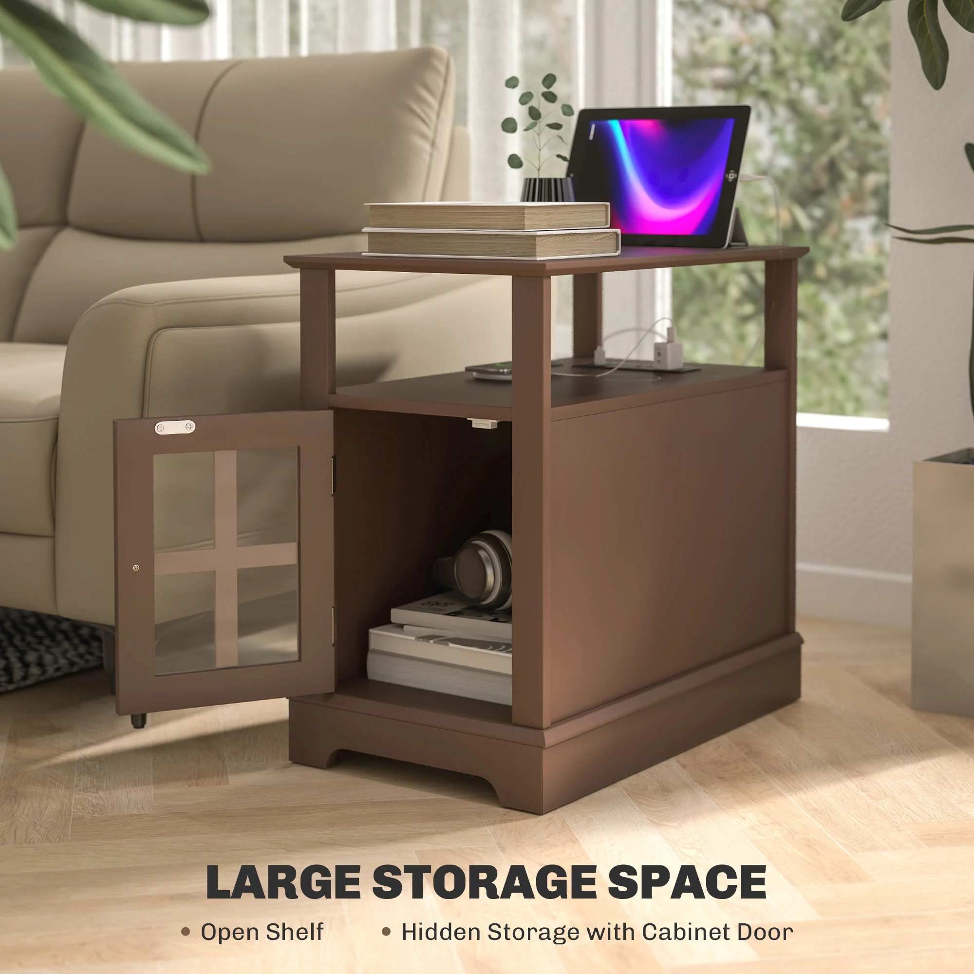 Narrow Side Table w/ Charging Station & USB Ports, End Table with Storage, Brown - Image 7