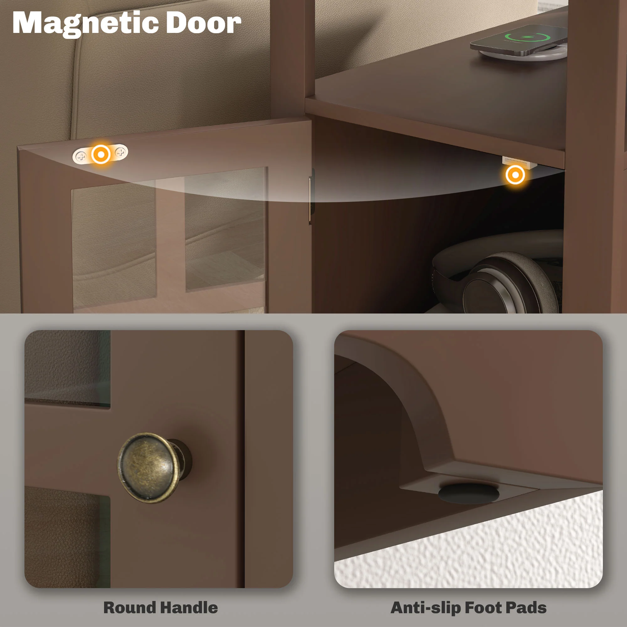 Narrow Side Table w/ Charging Station & USB Ports, End Table with Storage, Brown - Image 8