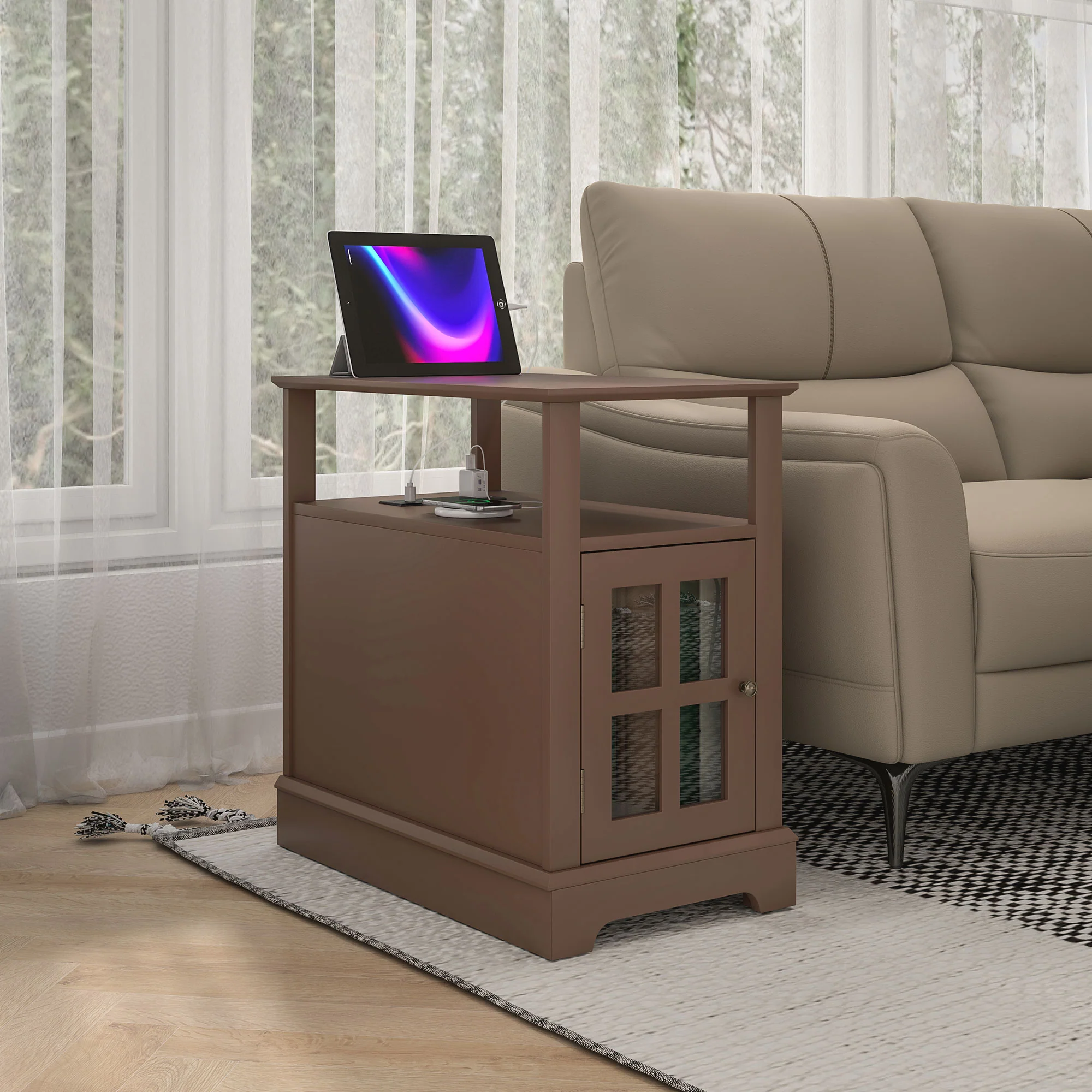 Narrow Side Table w/ Charging Station & USB Ports, End Table with Storage, Brown - Image 9