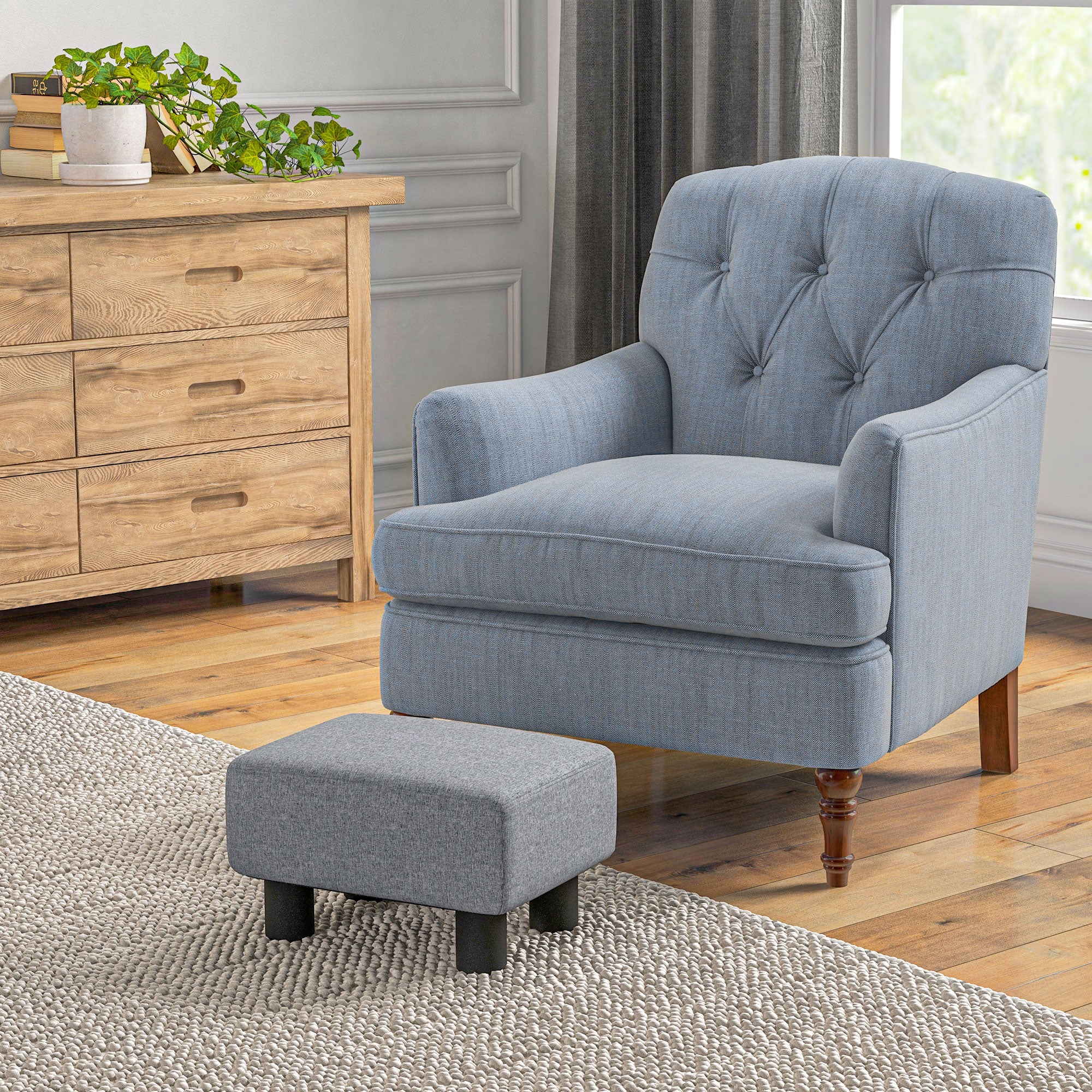 Small Ottoman Foot Rest with Linen Fabric Upholstery & Plastic Legs, Cube, Gray - Image 3