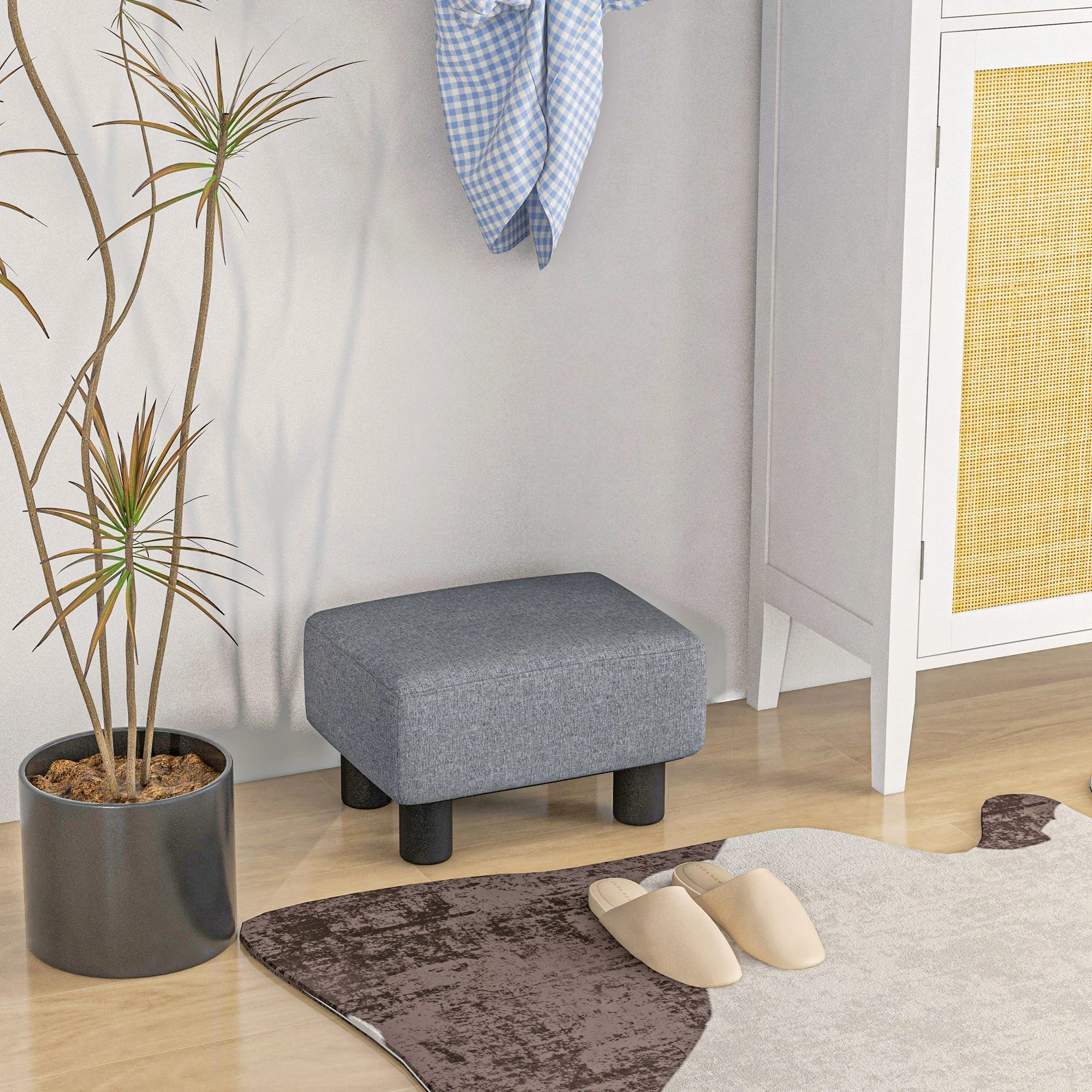Small Ottoman Foot Rest with Linen Fabric Upholstery & Plastic Legs, Cube, Gray - Image 4