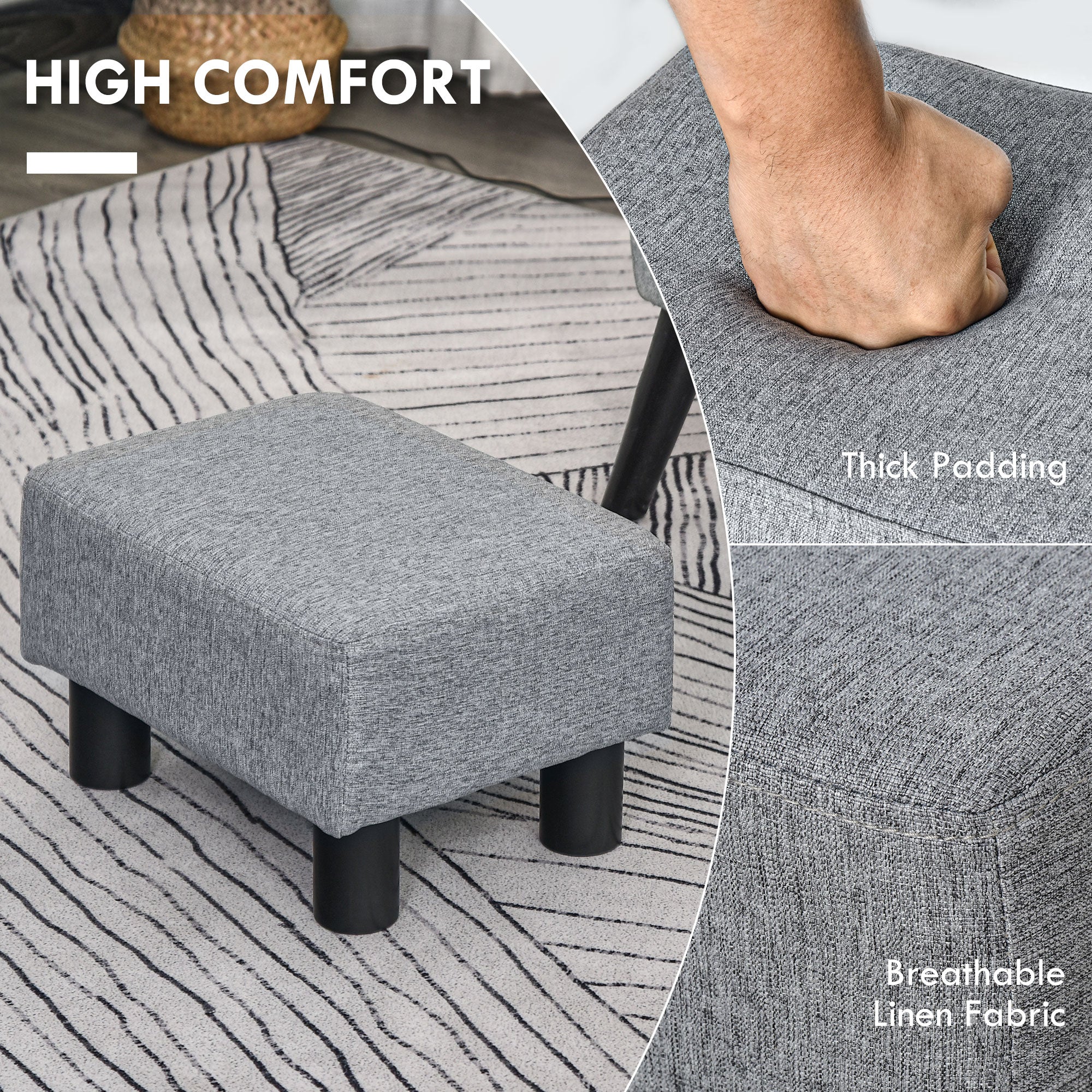 Small Ottoman Foot Rest with Linen Fabric Upholstery & Plastic Legs, Cube, Gray - Image 6