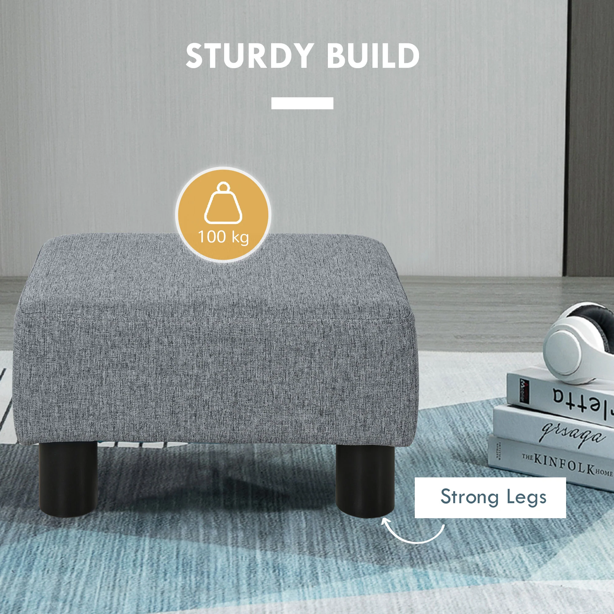 Small Ottoman Foot Rest with Linen Fabric Upholstery & Plastic Legs, Cube, Gray - Image 7