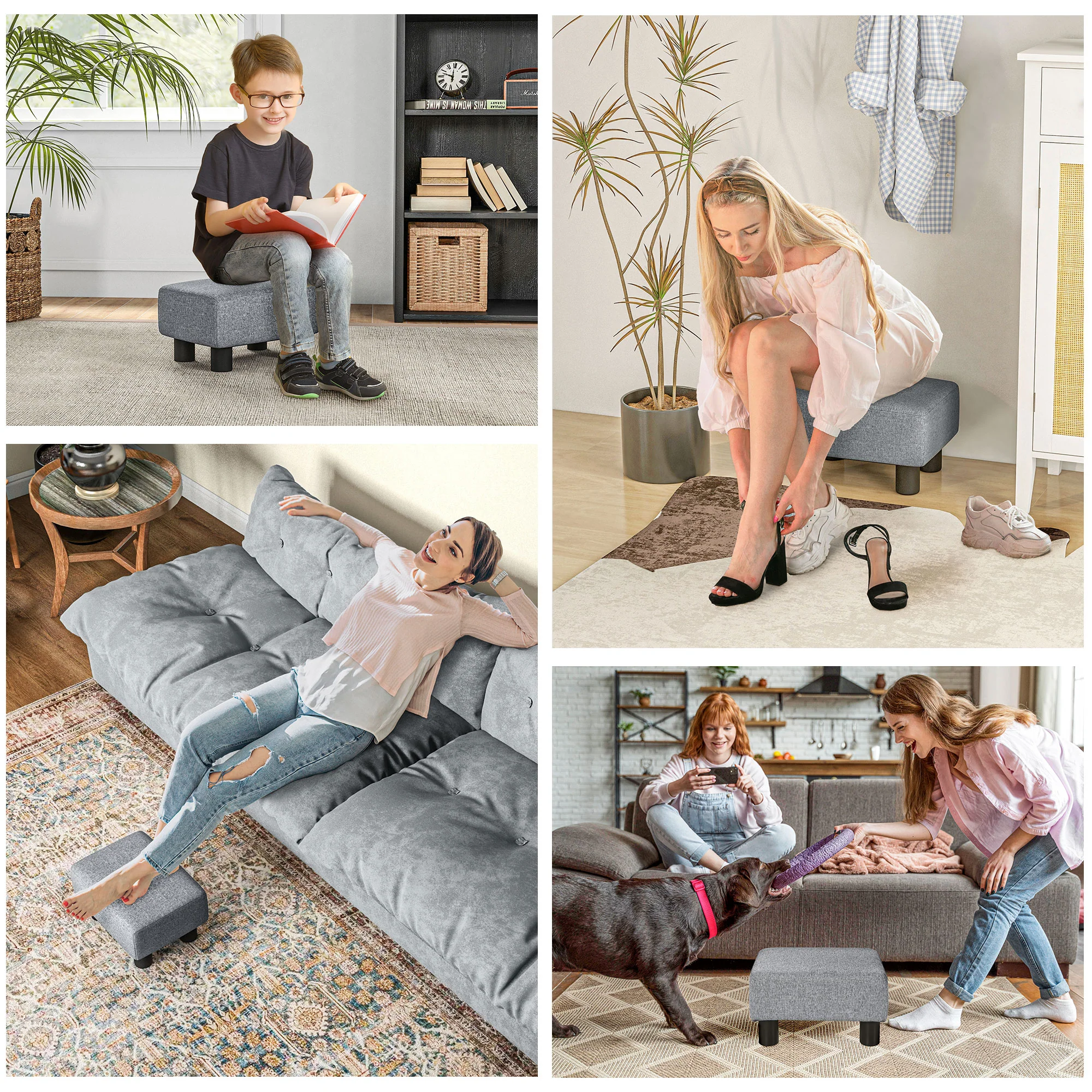 Small Ottoman Foot Rest with Linen Fabric Upholstery & Plastic Legs, Cube, Gray - Image 8
