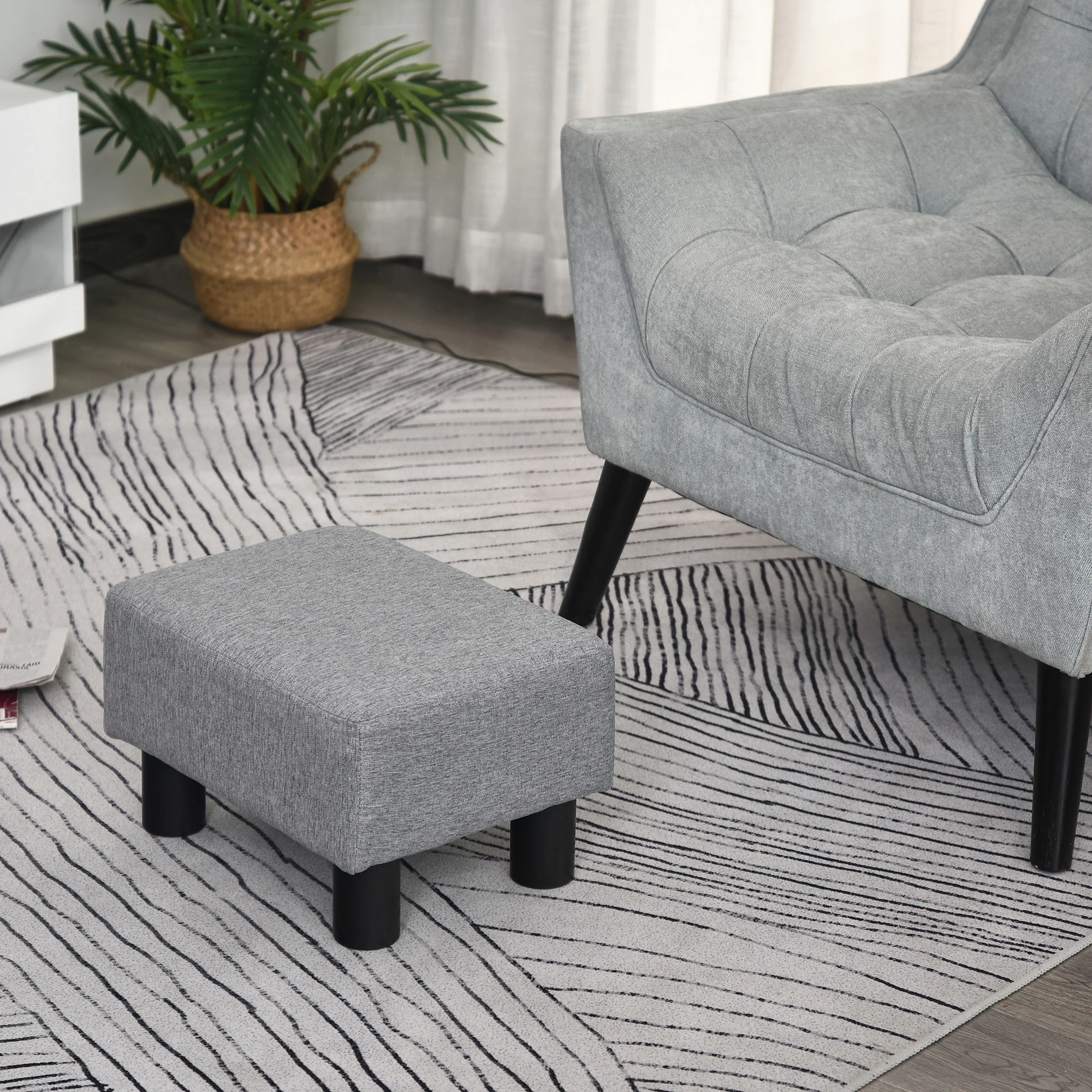 Small Ottoman Foot Rest with Linen Fabric Upholstery & Plastic Legs, Cube, Gray - Image 9