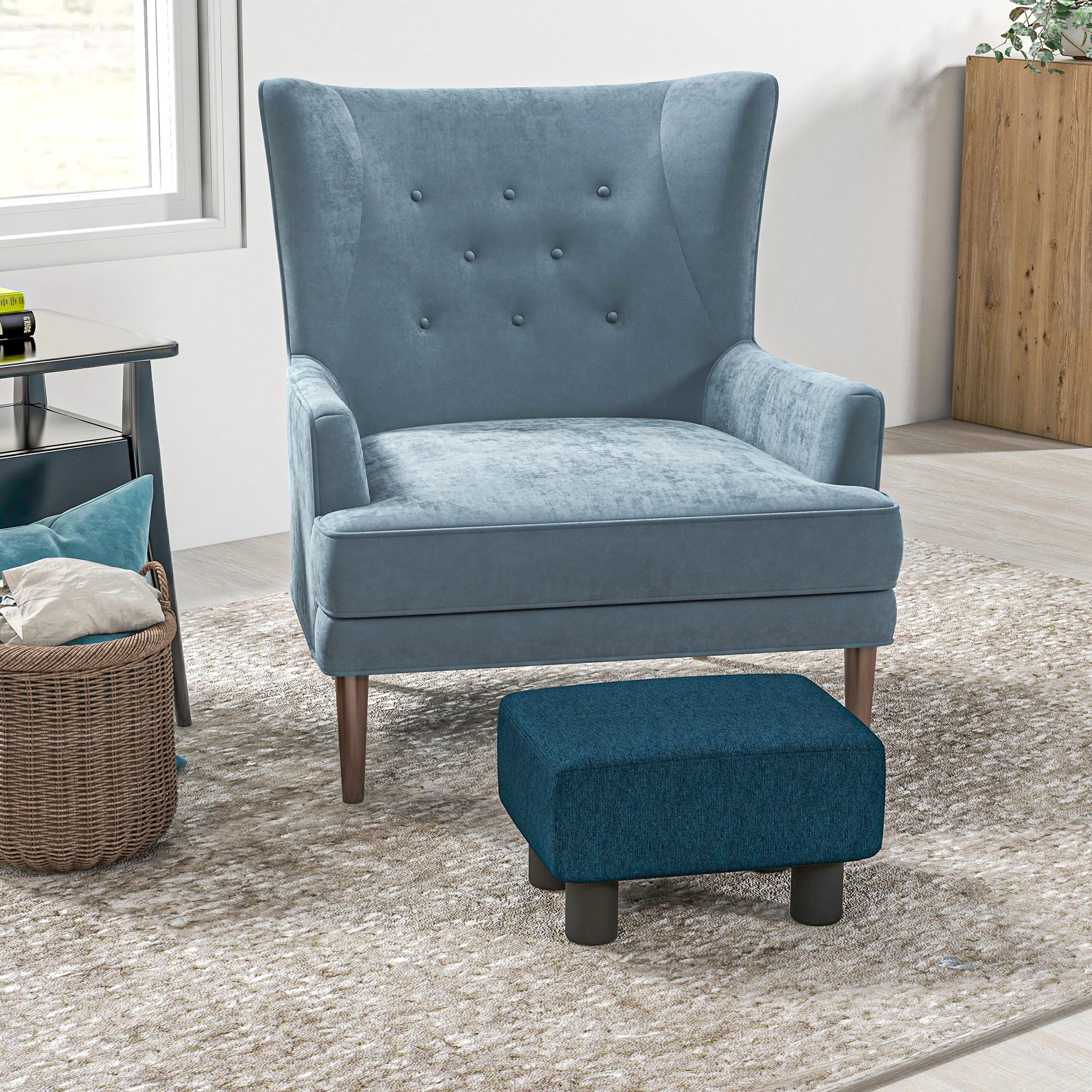 Small Ottoman Foot Rest with Linen Fabric Upholstery & Plastic Legs, Cube, Blue - Image 3