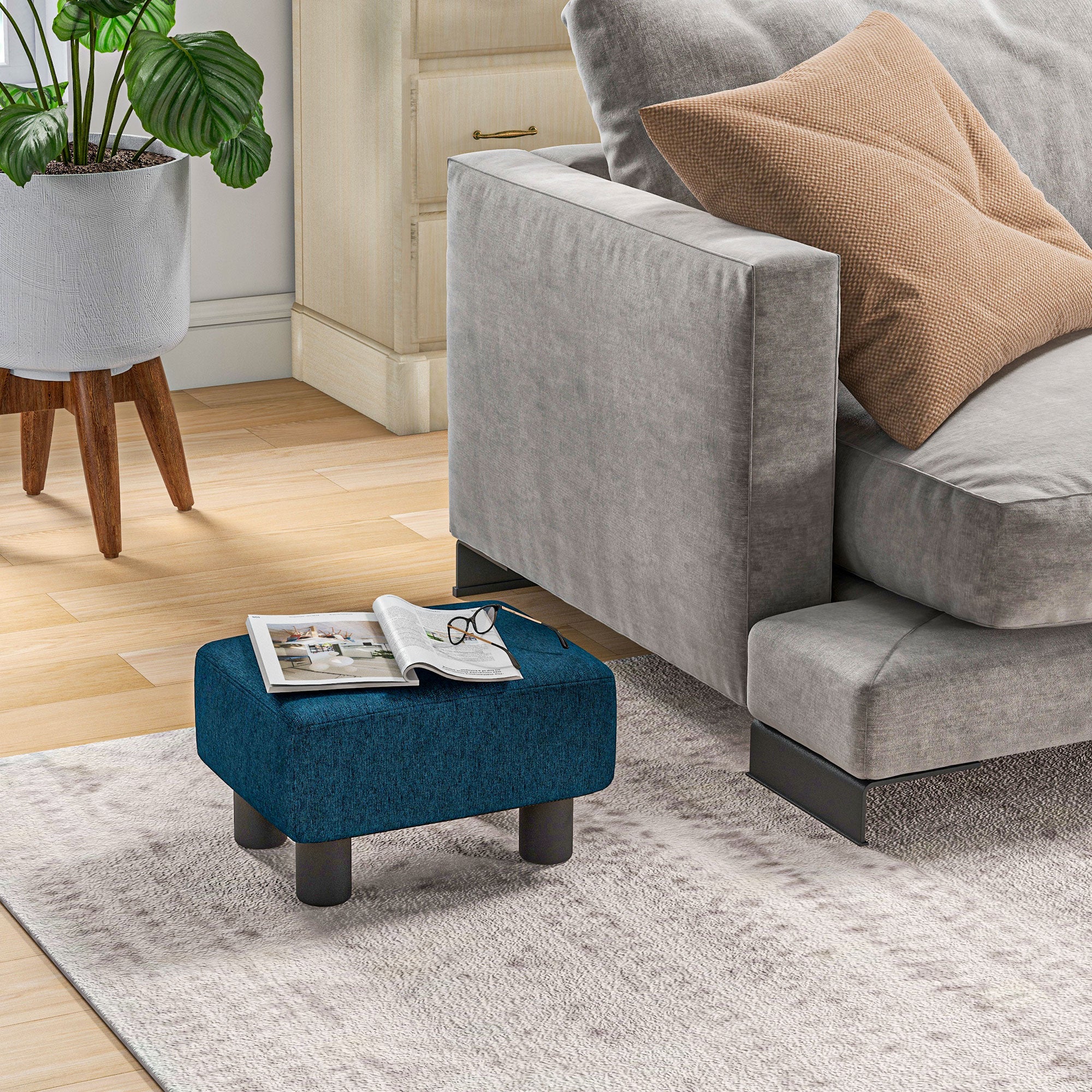 Small Ottoman Foot Rest with Linen Fabric Upholstery & Plastic Legs, Cube, Blue - Image 4