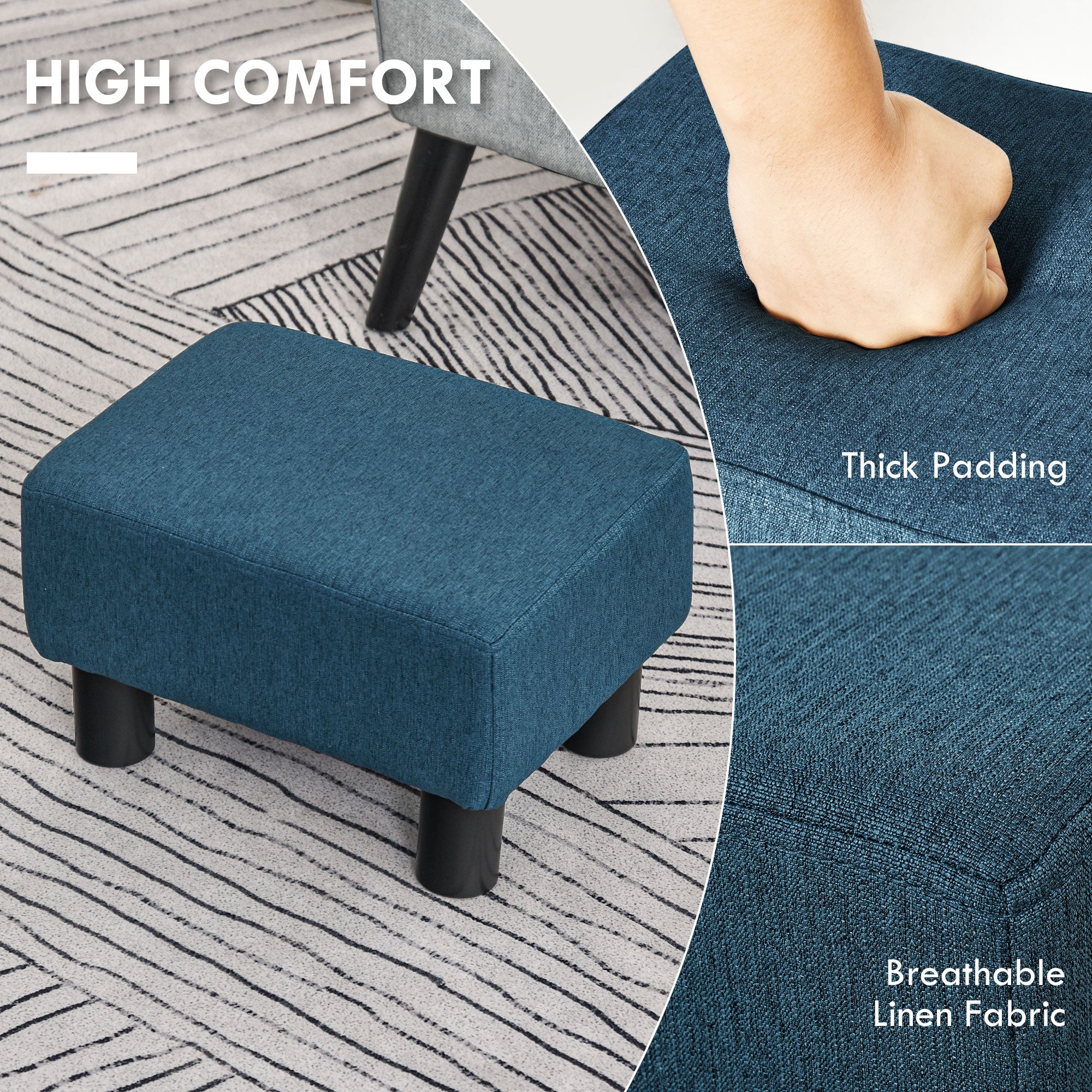 Small Ottoman Foot Rest with Linen Fabric Upholstery & Plastic Legs, Cube, Blue - Image 6