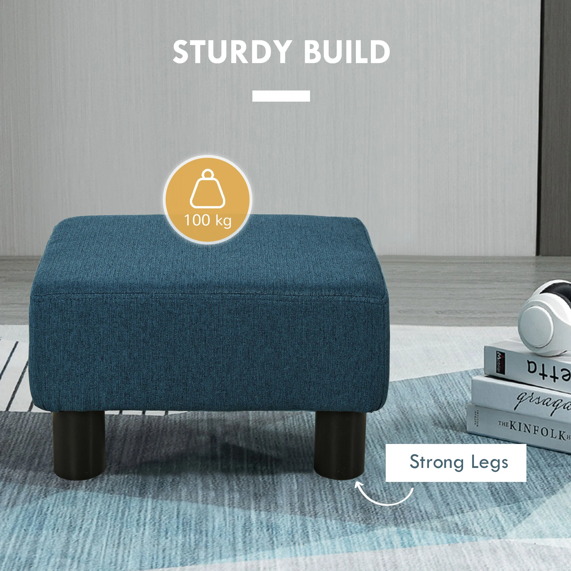 Small Ottoman Foot Rest with Linen Fabric Upholstery & Plastic Legs, Cube, Blue - Image 7
