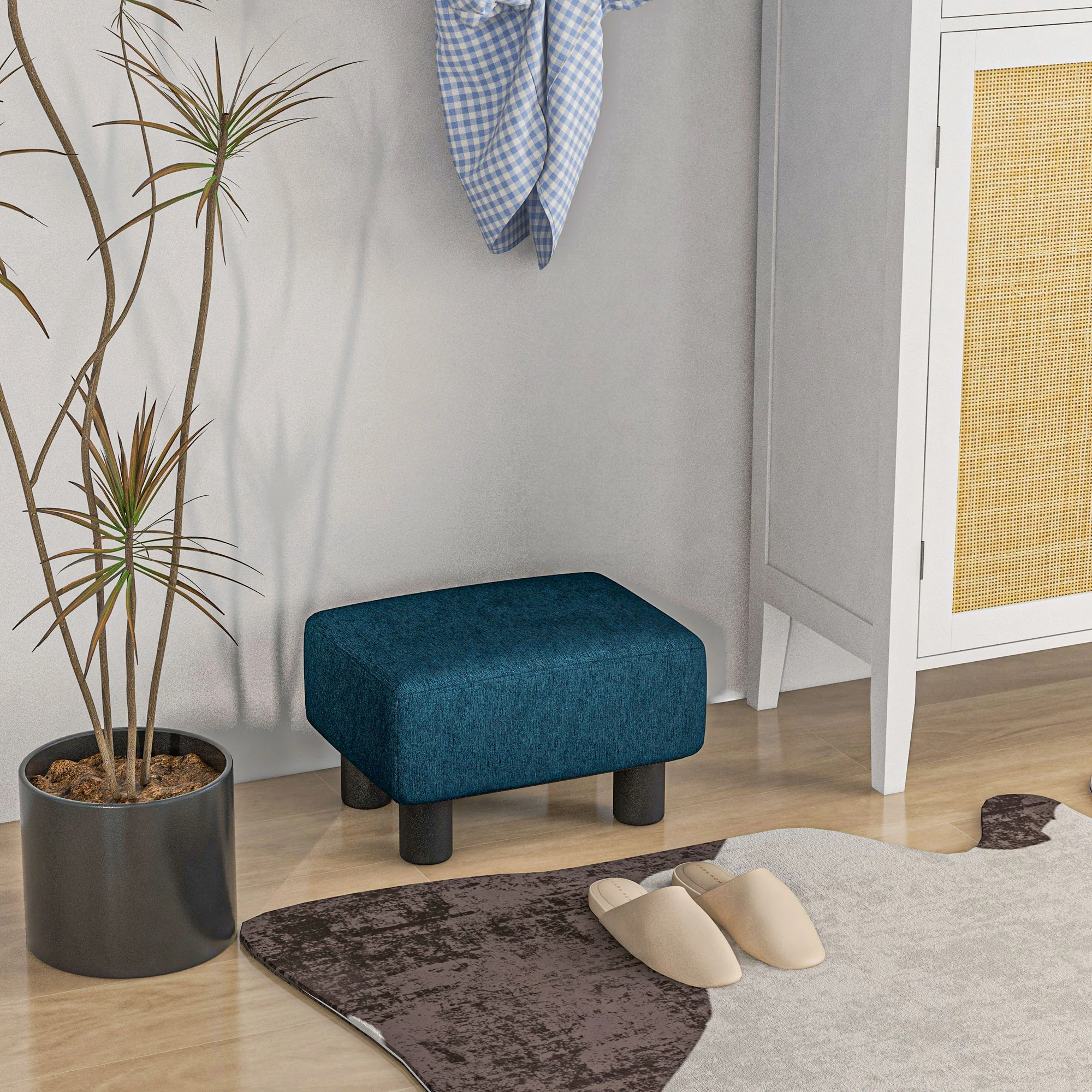 Small Ottoman Foot Rest with Linen Fabric Upholstery & Plastic Legs, Cube, Blue - Image 9