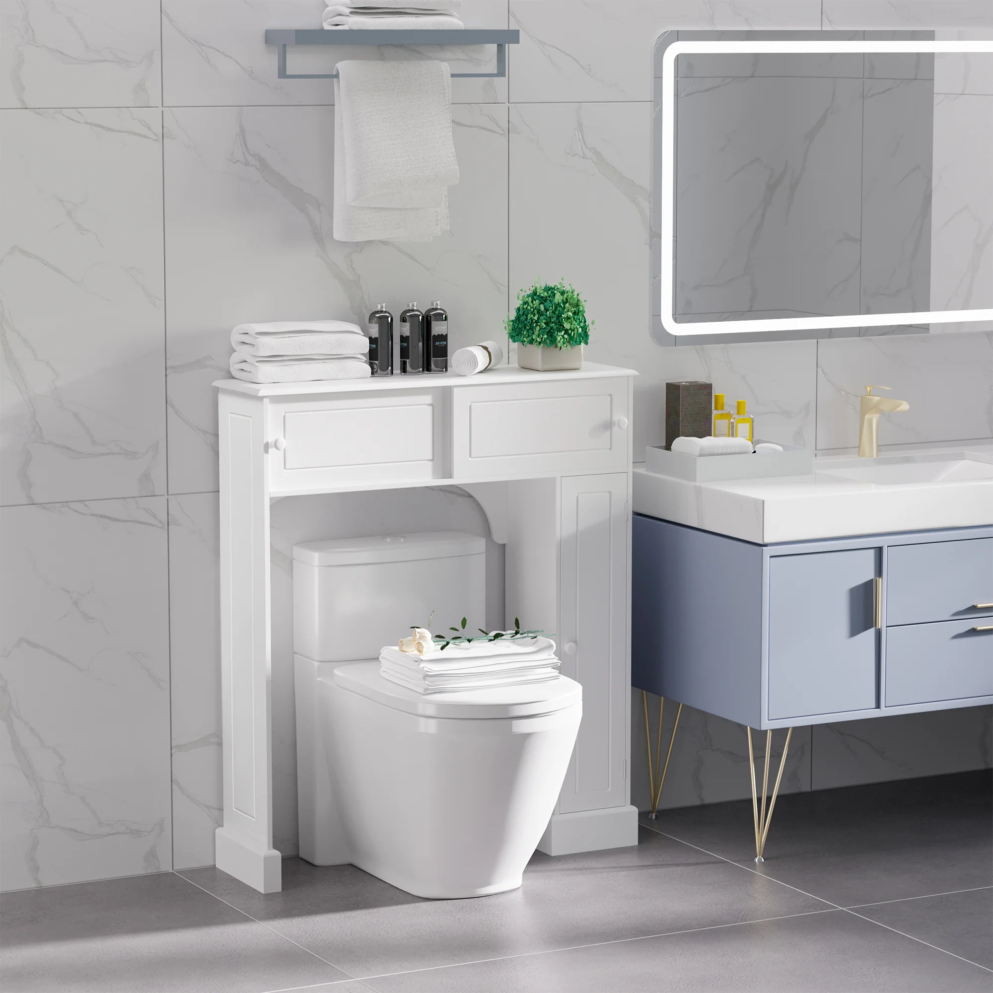 Over Toilet Bathroom Organizer, Freestanding Storage Cabinet with Adjustable Shelves, White - Image 3