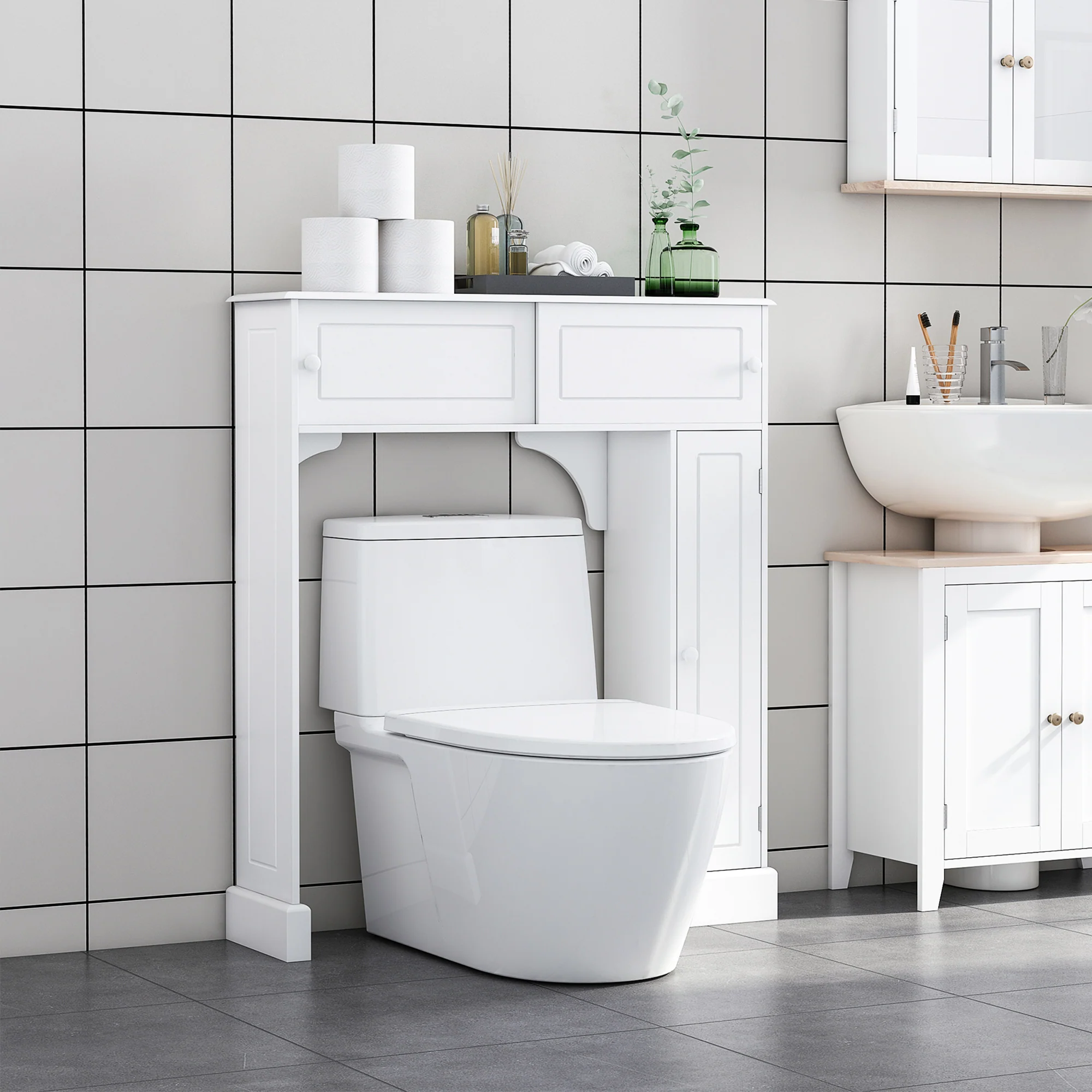 Over Toilet Bathroom Organizer, Freestanding Storage Cabinet with Adjustable Shelves, White - Image 4