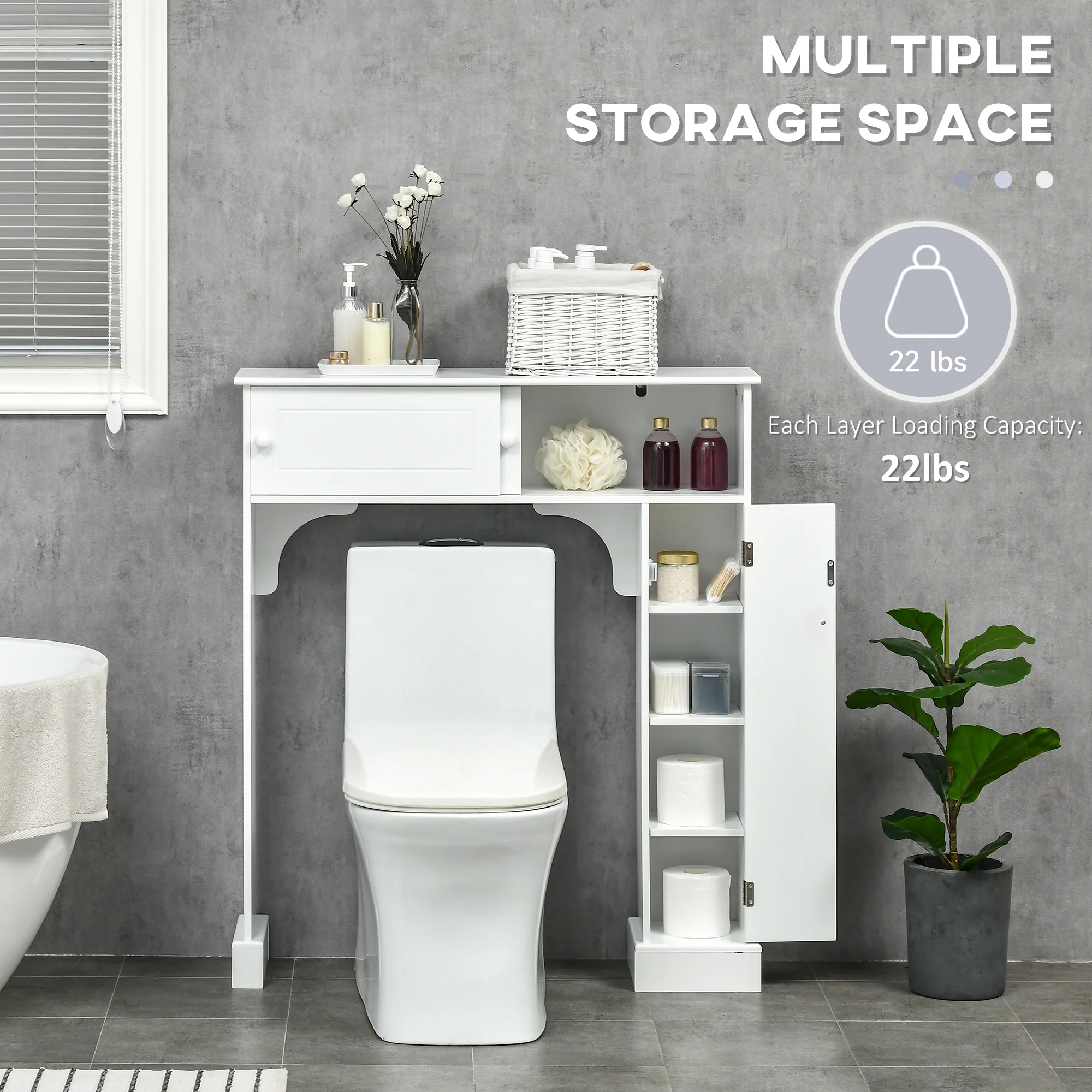 Over Toilet Bathroom Organizer, Freestanding Storage Cabinet with Adjustable Shelves, White - Image 8