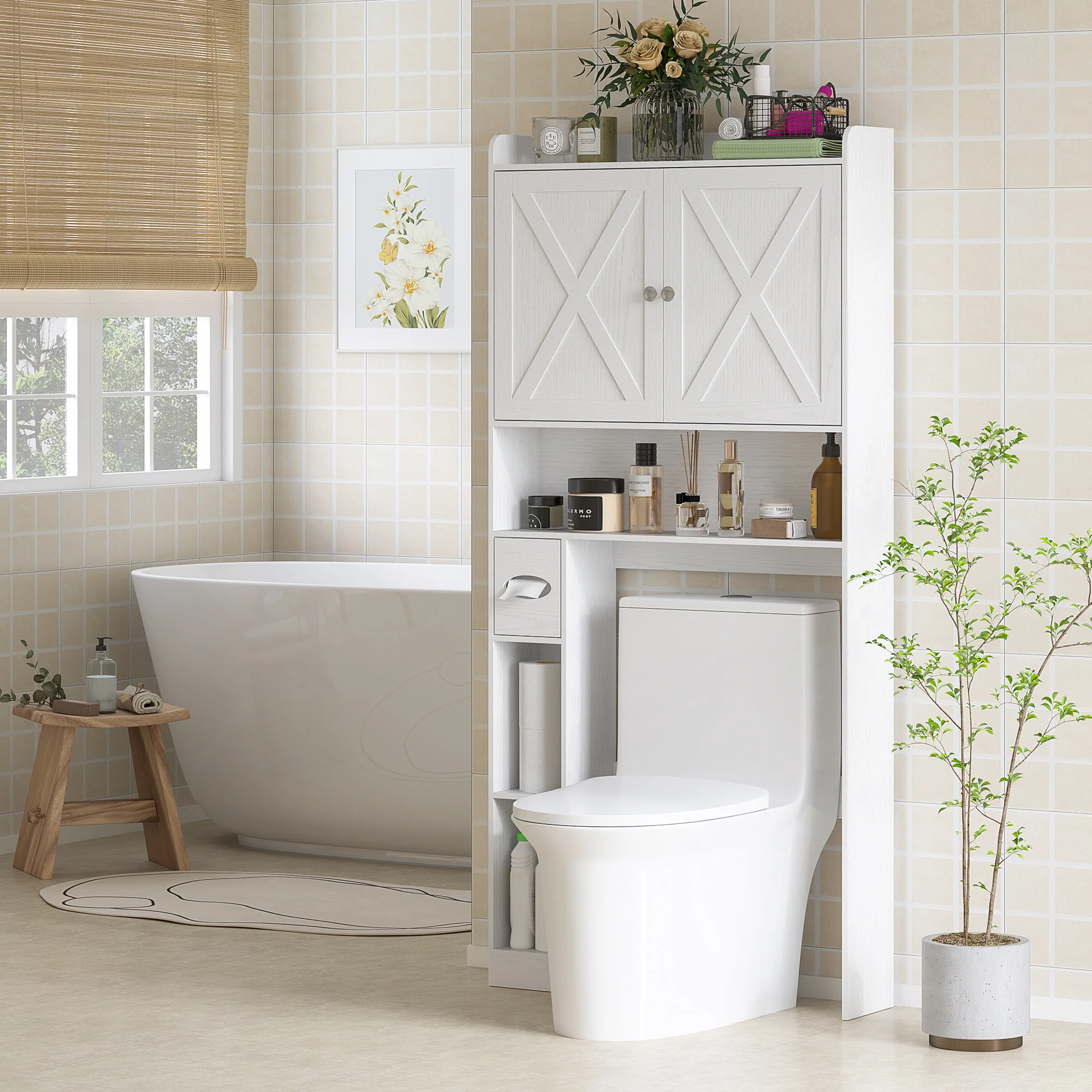 Over the Toilet Storage Cabinet with Barn Doors & Adjustable Shelf, Distressed White - Image 3