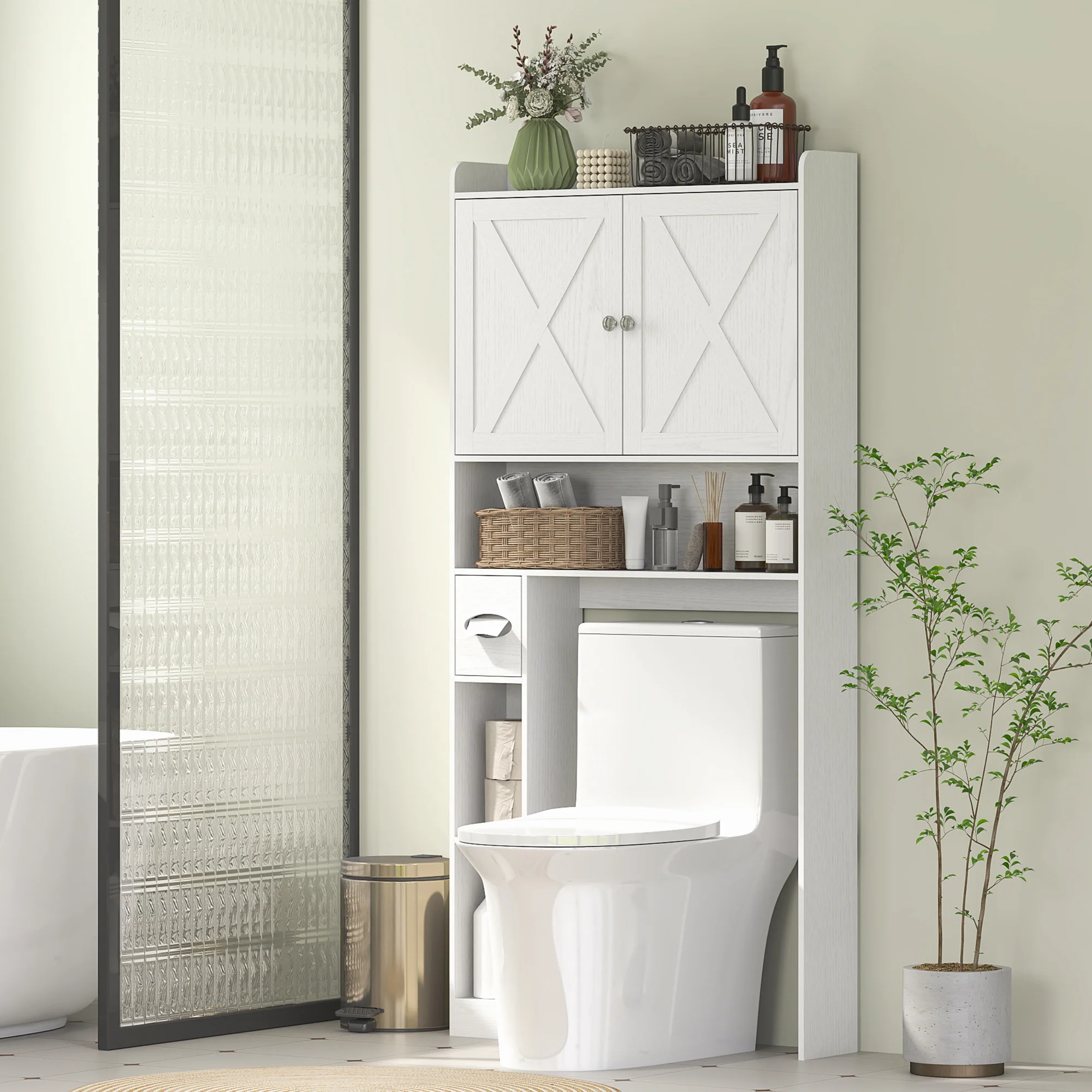 Over the Toilet Storage Cabinet with Barn Doors & Adjustable Shelf, Distressed White - Image 4