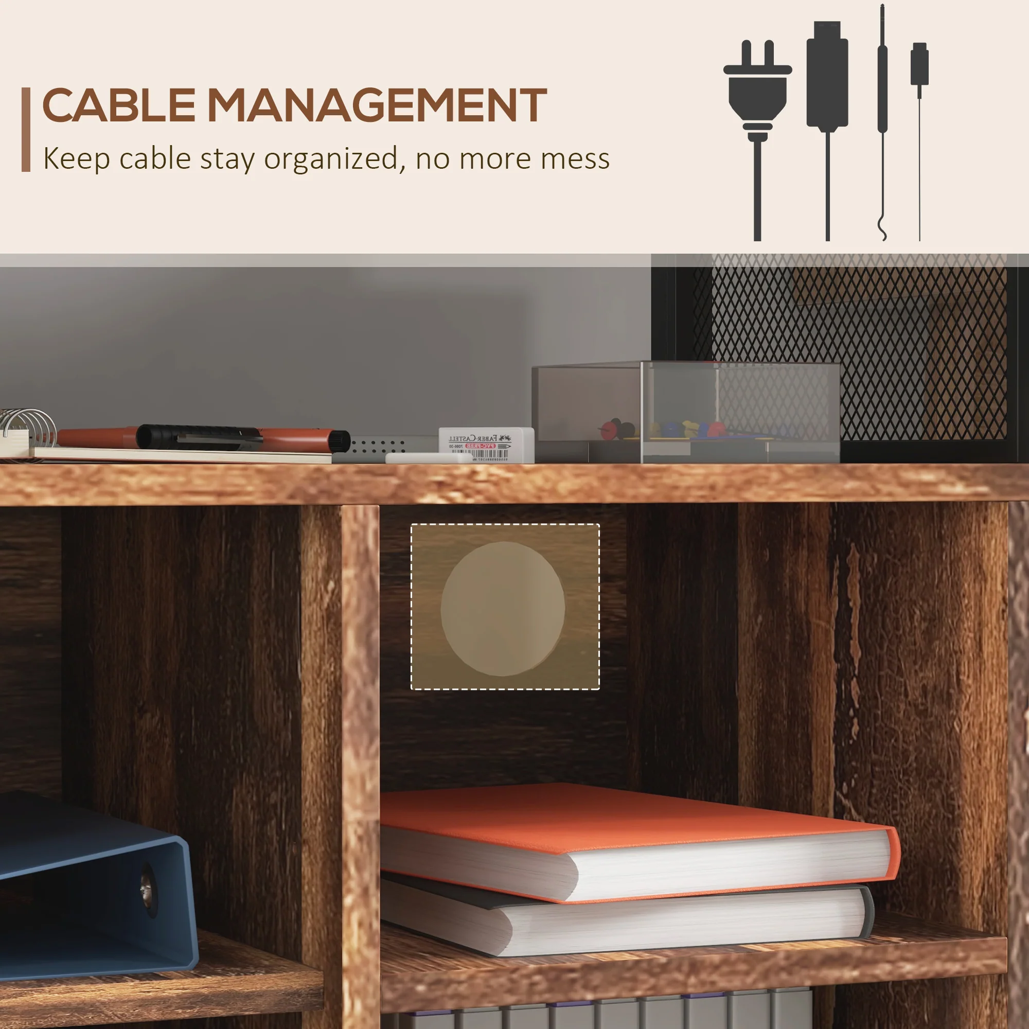 Industrial Mobile Printer Stand with Socket & USB Charging Ports, Rustic Brown - Image 10