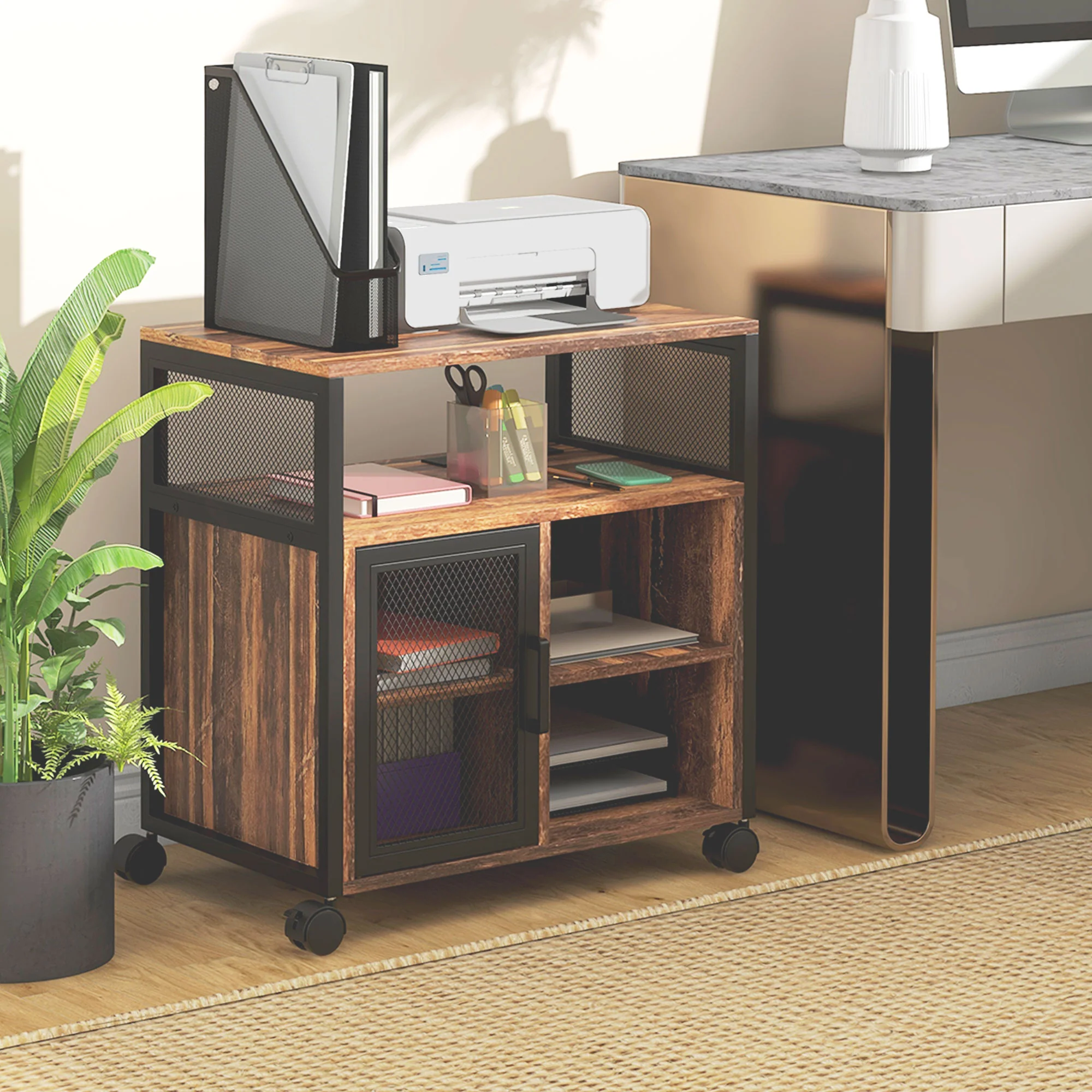 Industrial Mobile Printer Stand with Socket & USB Charging Ports, Rustic Brown - Image 3