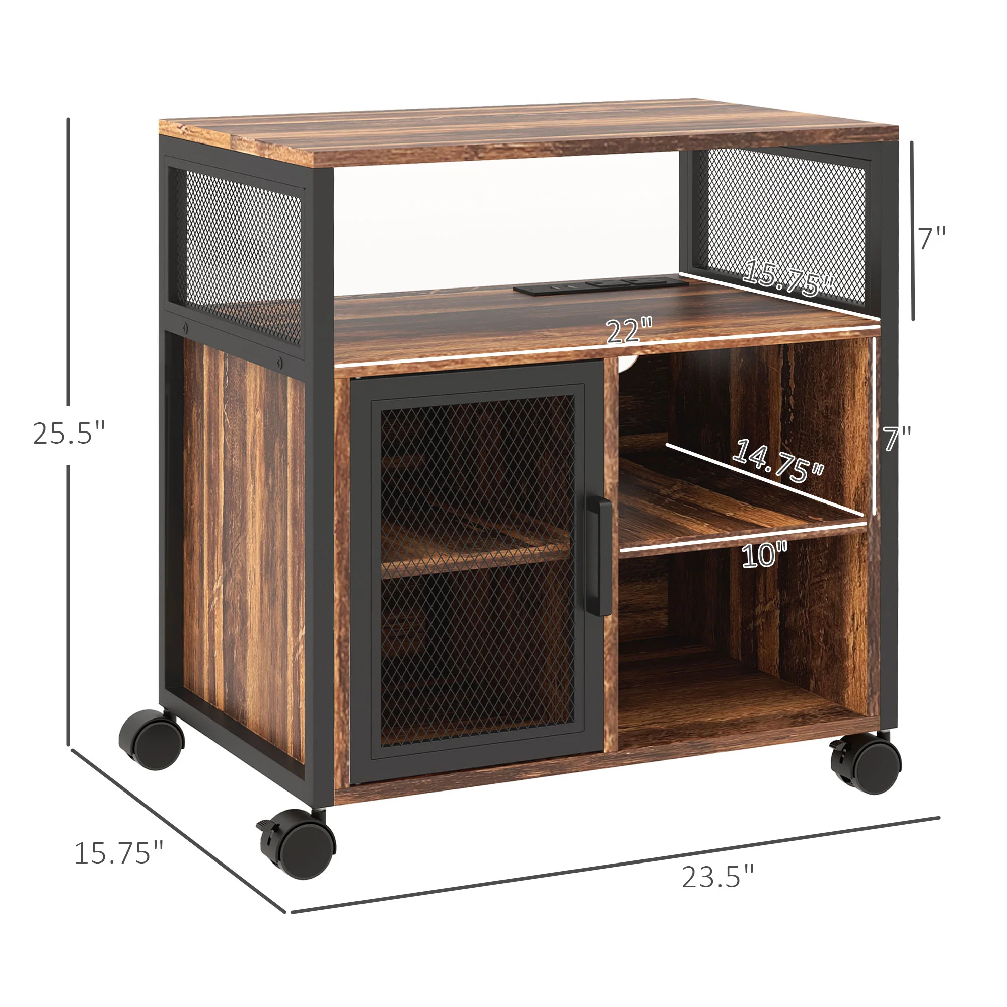 Industrial Mobile Printer Stand with Socket & USB Charging Ports, Rustic Brown - Image 5