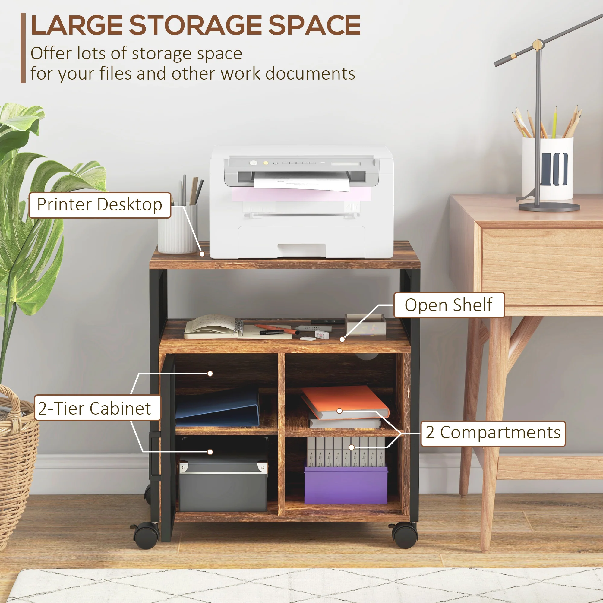 Industrial Mobile Printer Stand with Socket & USB Charging Ports, Rustic Brown - Image 7