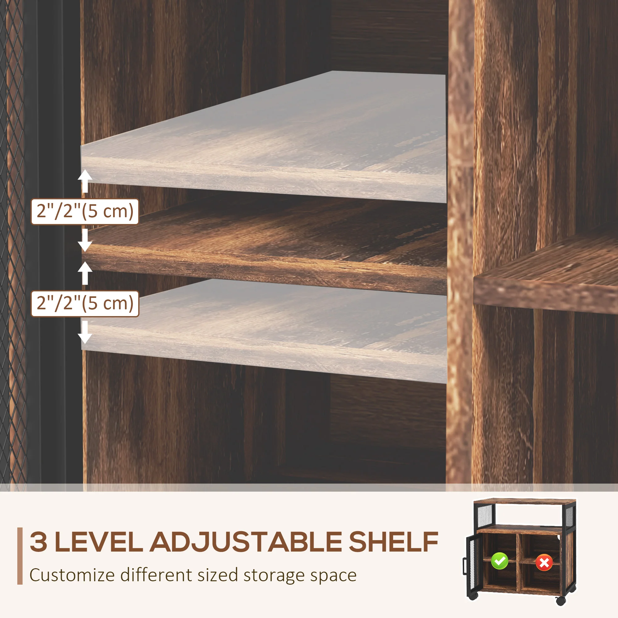 Industrial Mobile Printer Stand with Socket & USB Charging Ports, Rustic Brown - Image 8