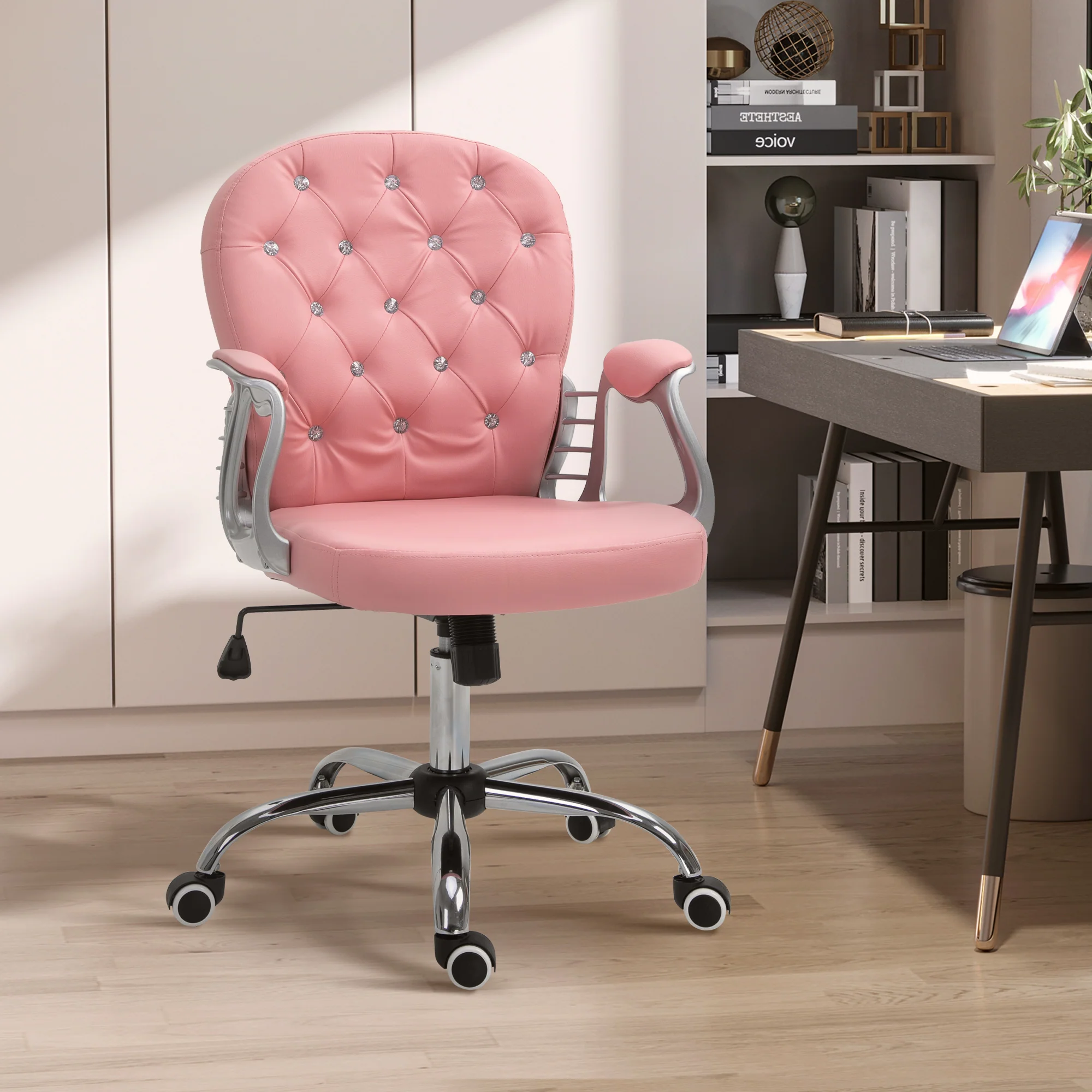 PU Leather Button Tufted Desk Chair w/ Padded Armrests & Adjustable Height, Pink - Image 3