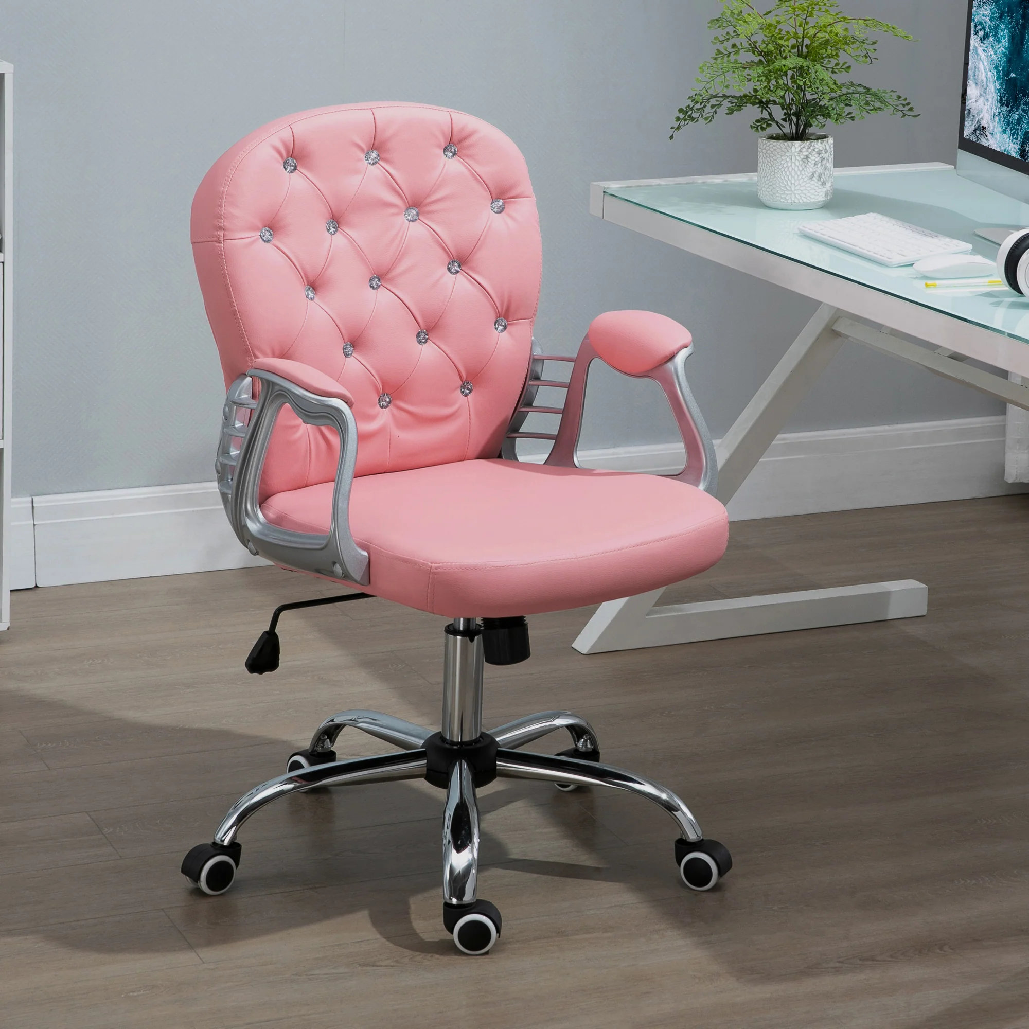 PU Leather Button Tufted Desk Chair w/ Padded Armrests & Adjustable Height, Pink - Image 4