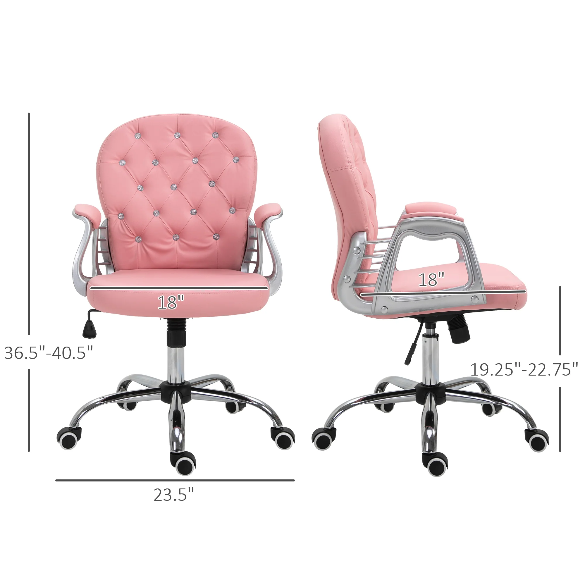 PU Leather Button Tufted Desk Chair w/ Padded Armrests & Adjustable Height, Pink - Image 5