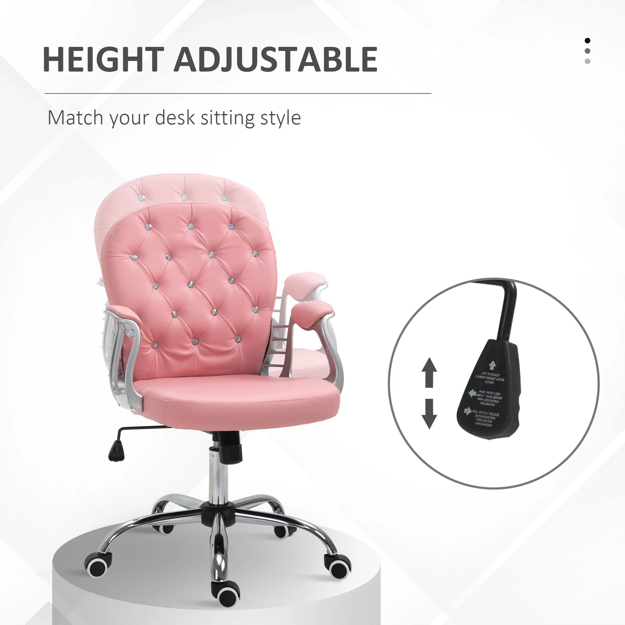 PU Leather Button Tufted Desk Chair w/ Padded Armrests & Adjustable Height, Pink - Image 6
