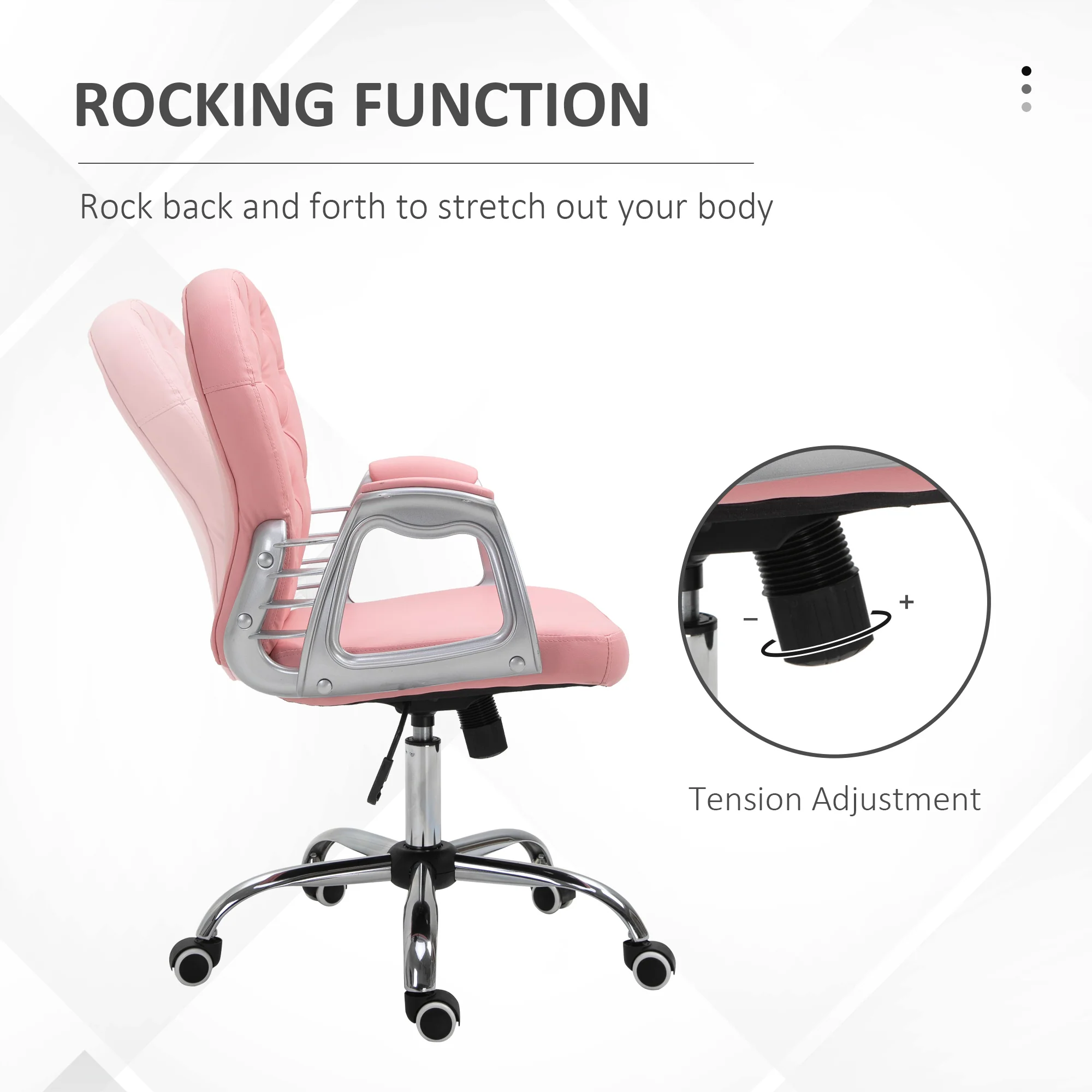 PU Leather Button Tufted Desk Chair w/ Padded Armrests & Adjustable Height, Pink - Image 7