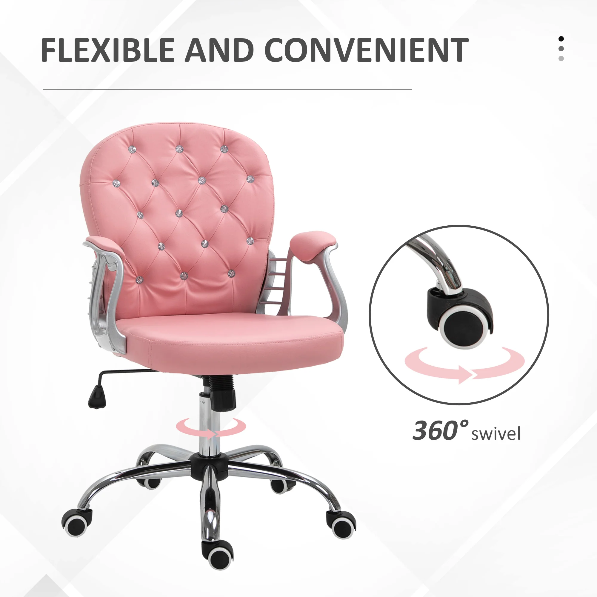 PU Leather Button Tufted Desk Chair w/ Padded Armrests & Adjustable Height, Pink - Image 8