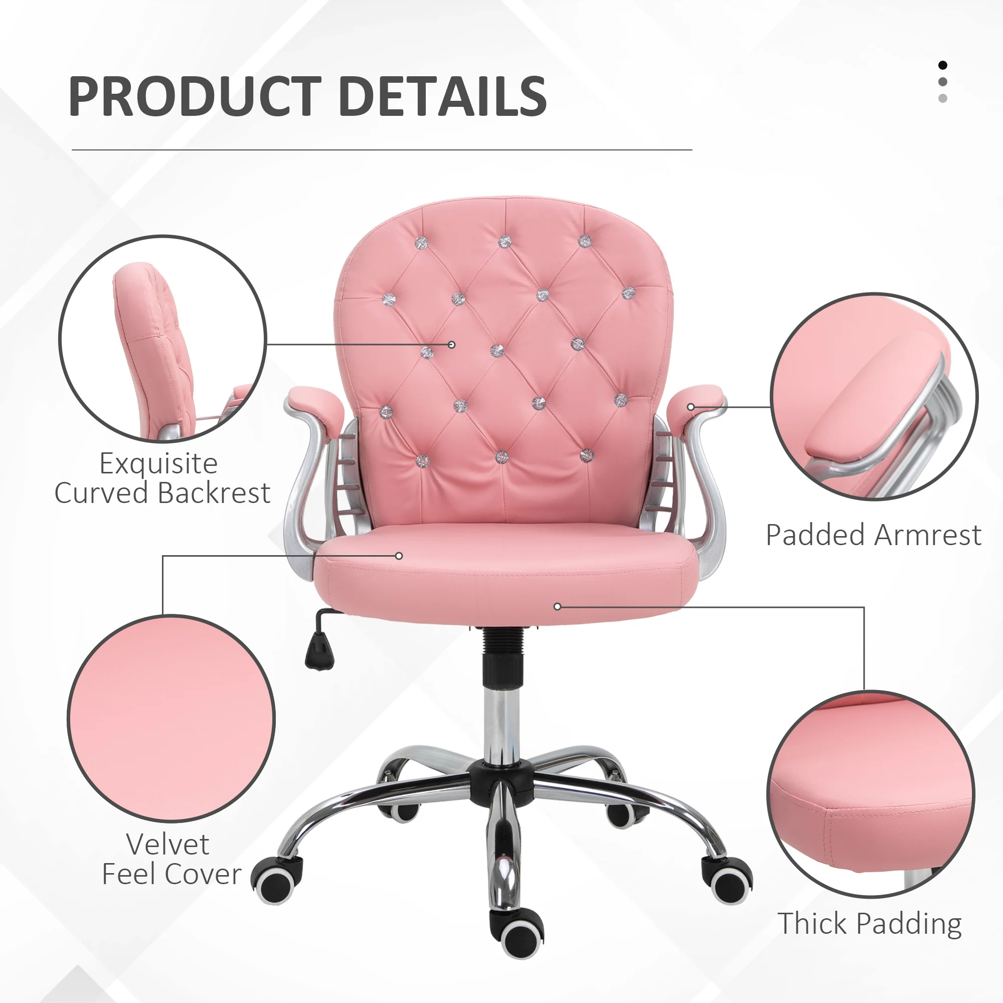 PU Leather Button Tufted Desk Chair w/ Padded Armrests & Adjustable Height, Pink - Image 9