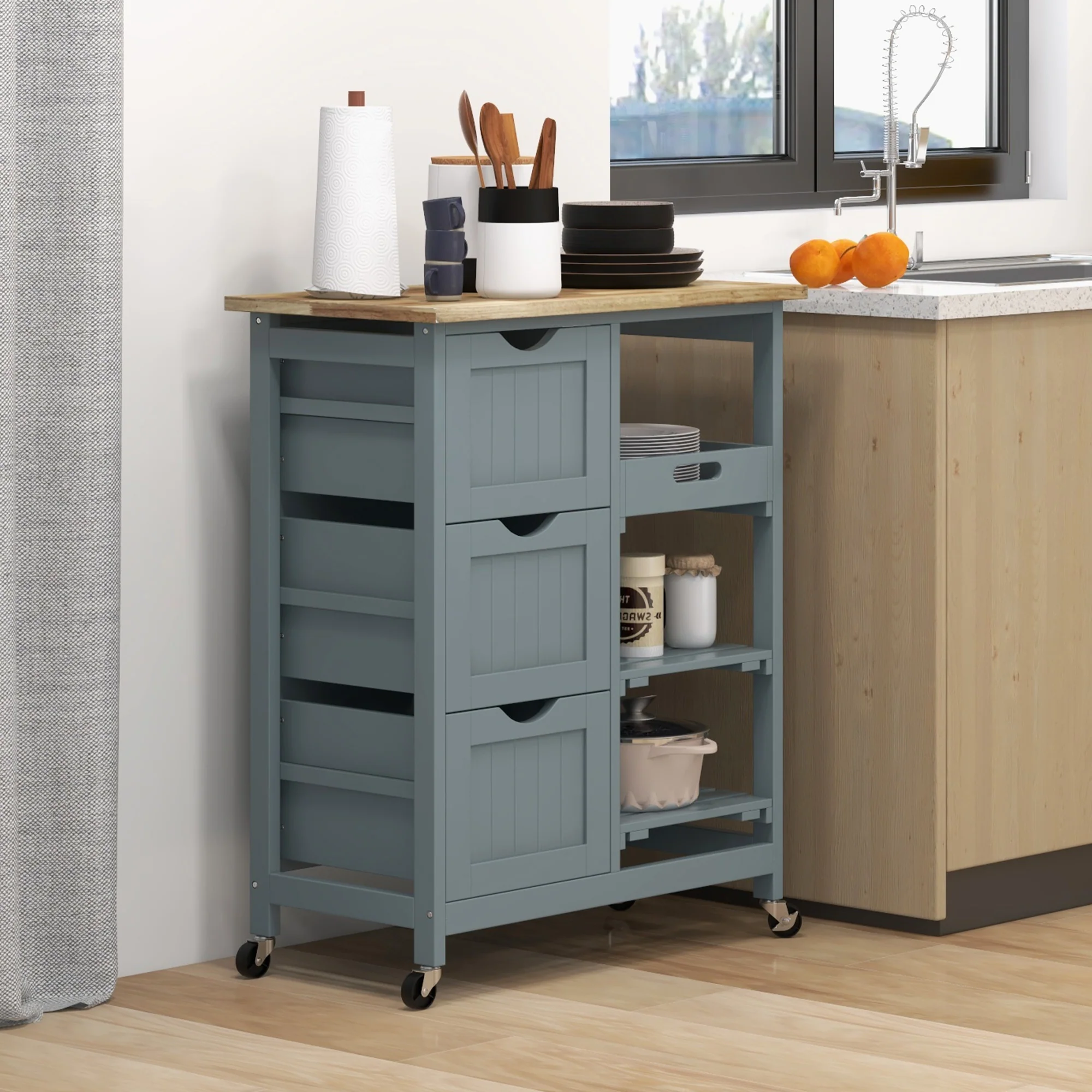 36" Rolling Kitchen Island Cart with Wood Top, Shelves & Drawers for Dining, Gray - Image 3