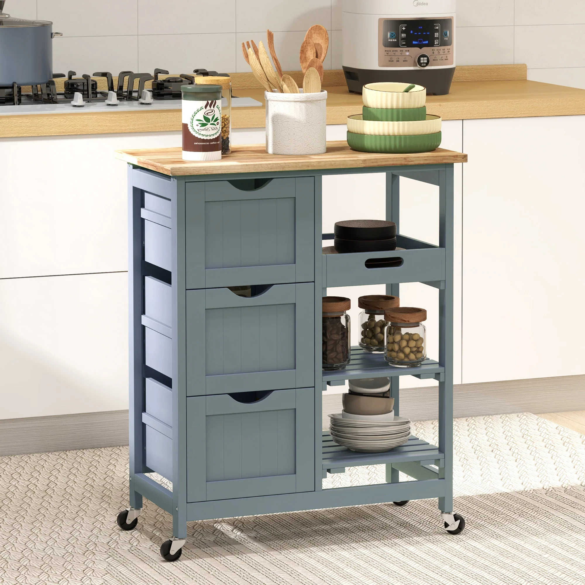 36" Rolling Kitchen Island Cart with Wood Top, Shelves & Drawers for Dining, Gray - Image 4