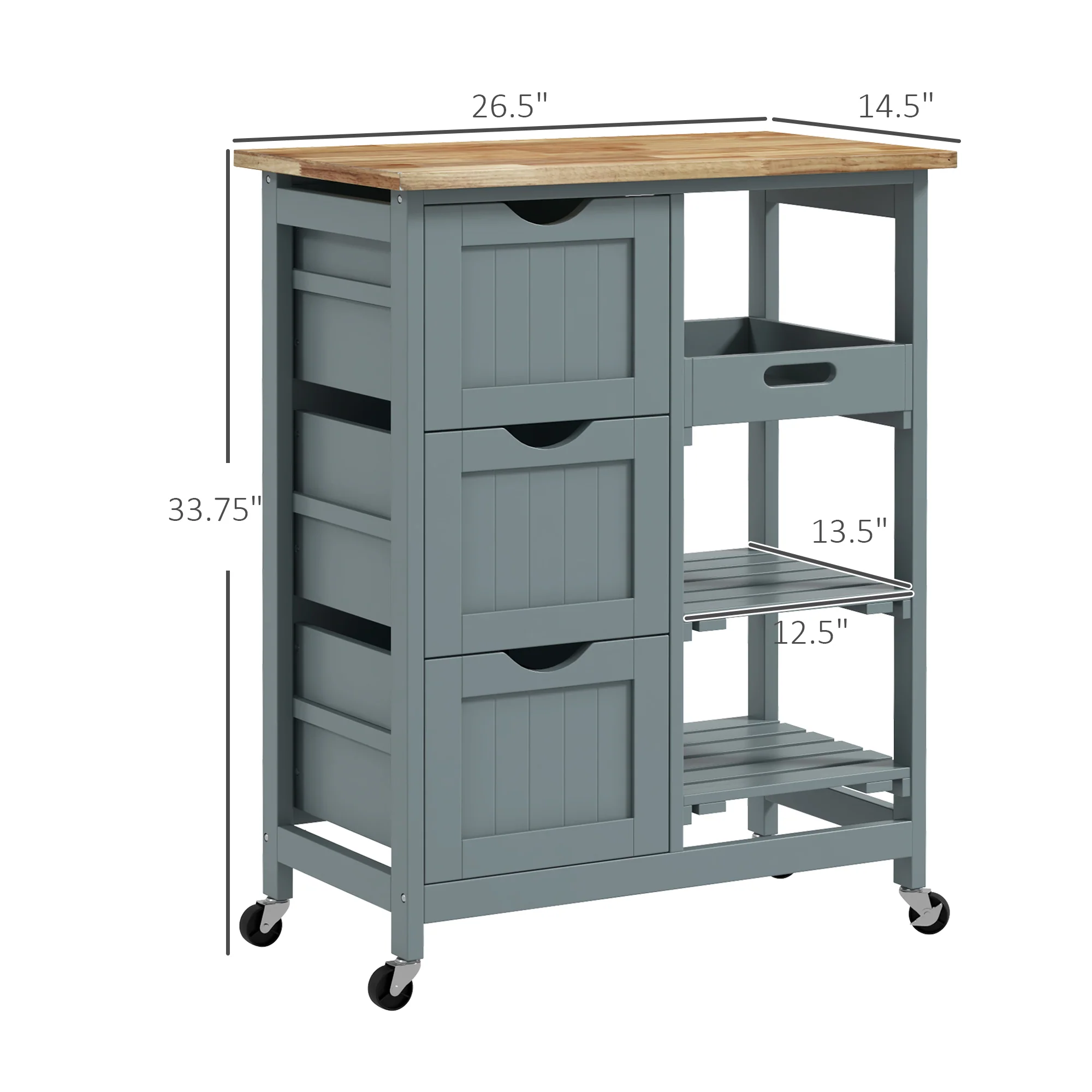 36" Rolling Kitchen Island Cart with Wood Top, Shelves & Drawers for Dining, Gray - Image 5